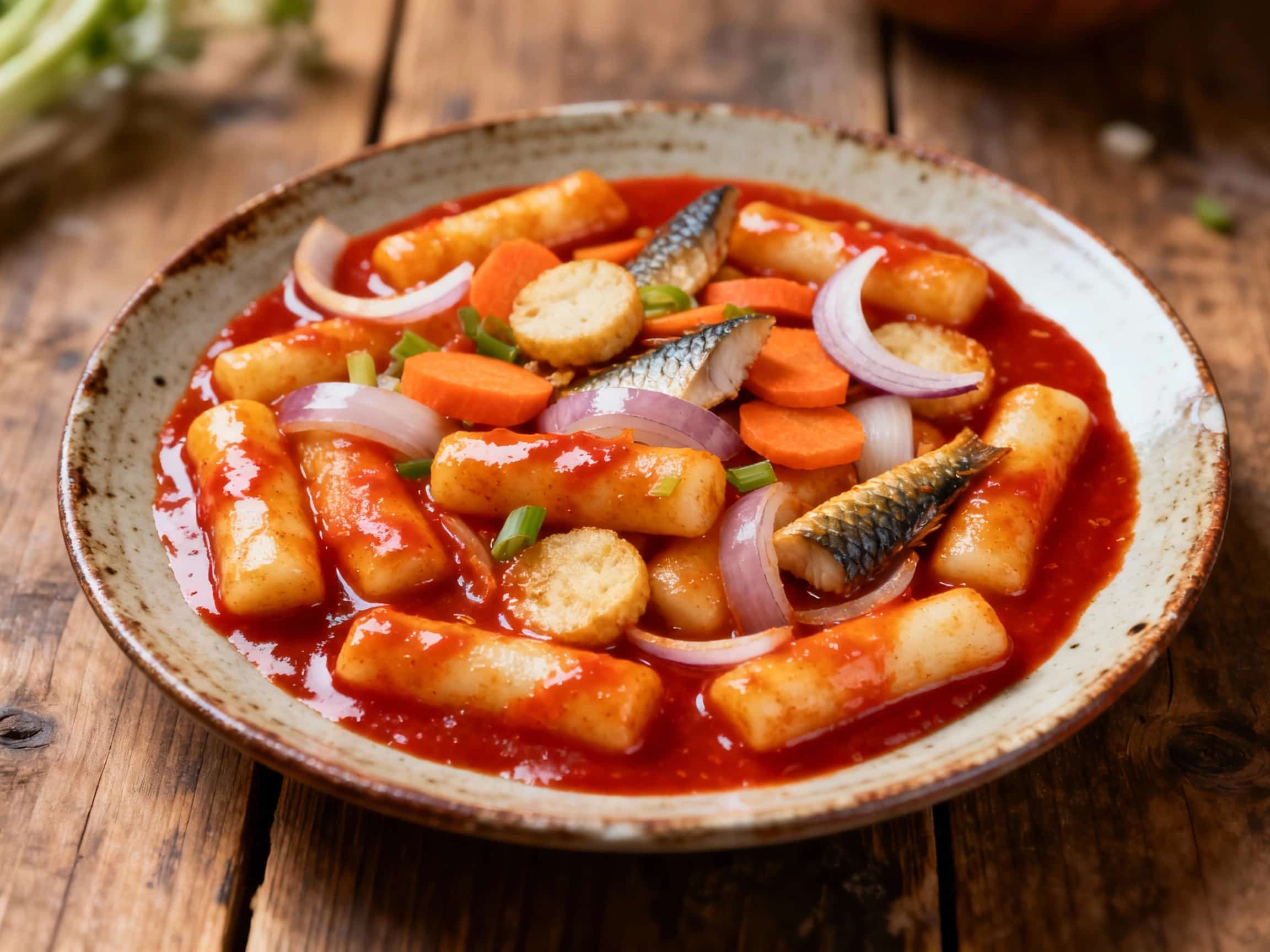 A close-up, overhead view of a bowl of Korean Sweet and Spicy Tteokbokki. The dish features glossy, cylindrical rice cakes coated in a rich, vibrant red sauce. Slices of soft fish cake and bright green chopped scallions are mixed in, adding texture and color. Steam gently rises from the hot dish, which is presented in a rustic, inviting style, suggesting warmth and comfort. The presentation highli