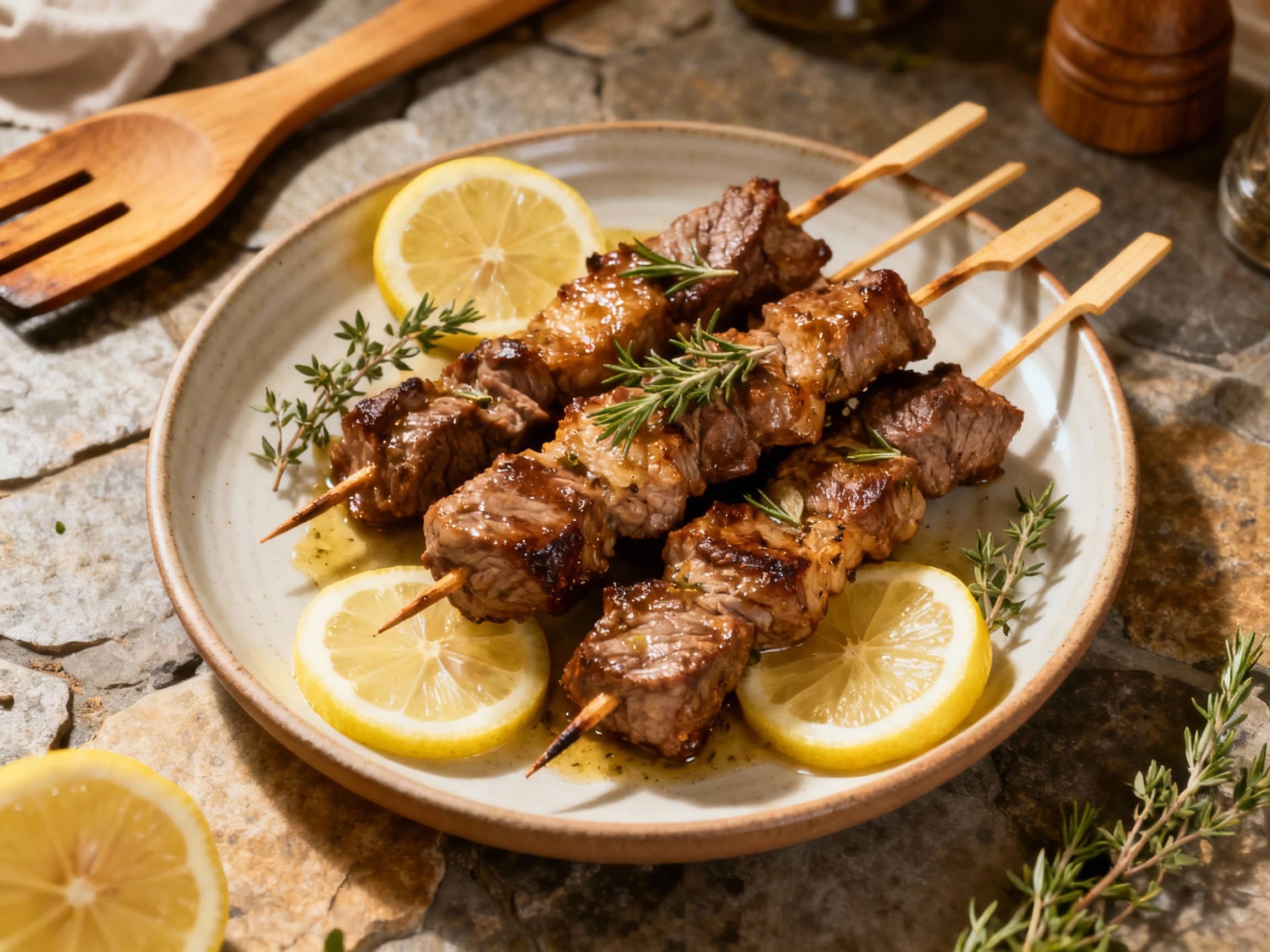 Juicy lamb charbonnade skewers, glistening with lemon and thyme marinade, are artfully arranged on a rustic platter, ready for grilling.