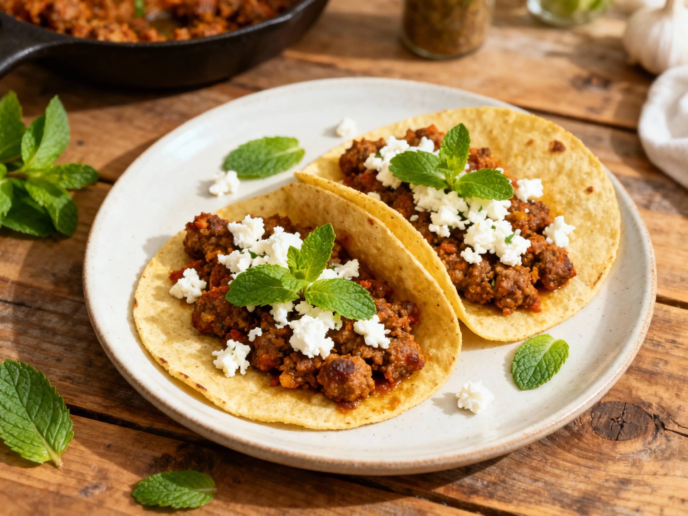 Three vibrant lamb chorizo tacos are nestled on a rustic wooden board, generously topped with crumbled feta cheese and fresh mint leaves, bathed in warm, inviting light.