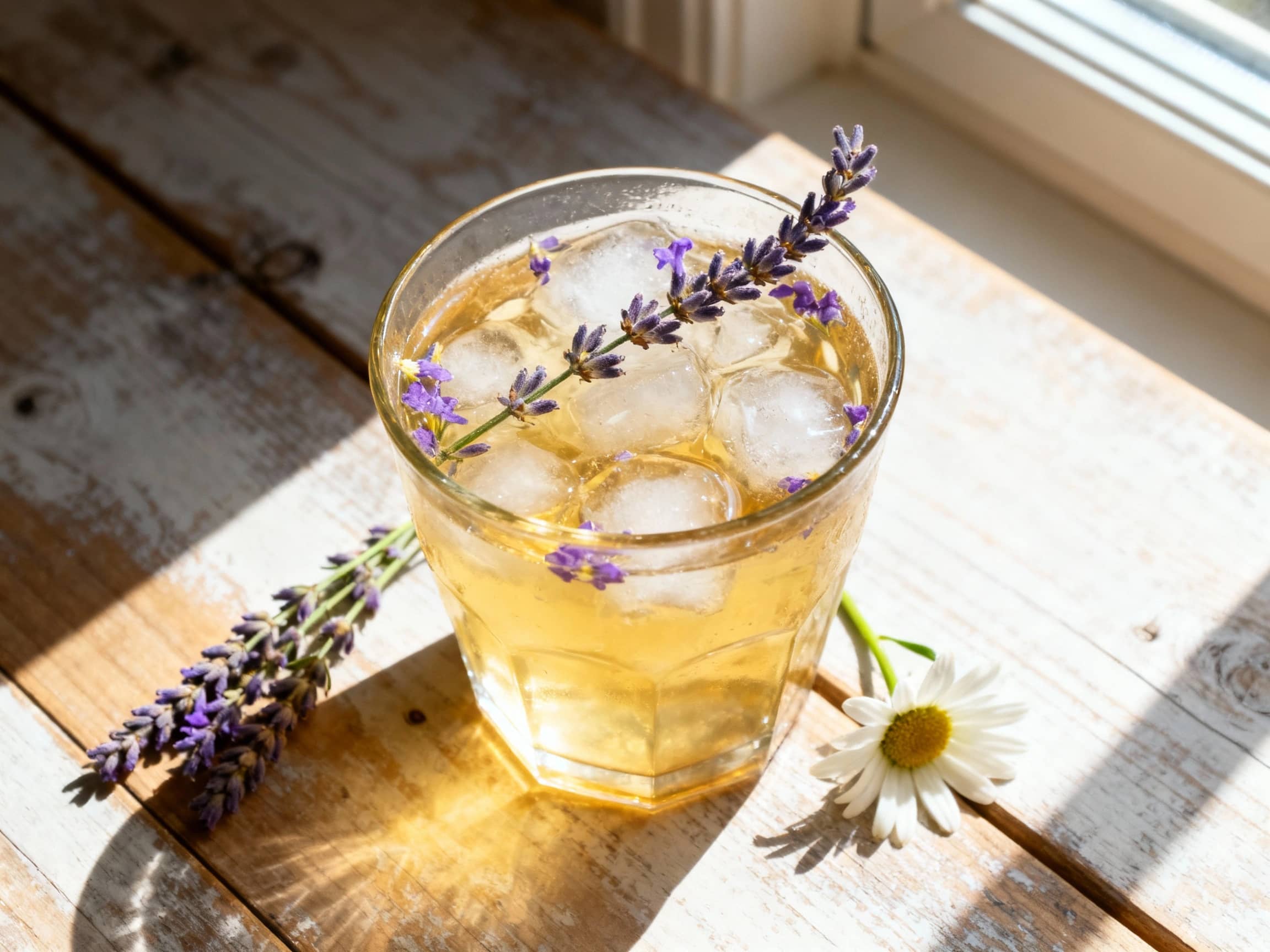 A tall glass holds a pale, translucent iced tea infused with lavender and chamomile, garnished with fresh lavender sprigs and lemon slices, casting a soft, inviting glow.