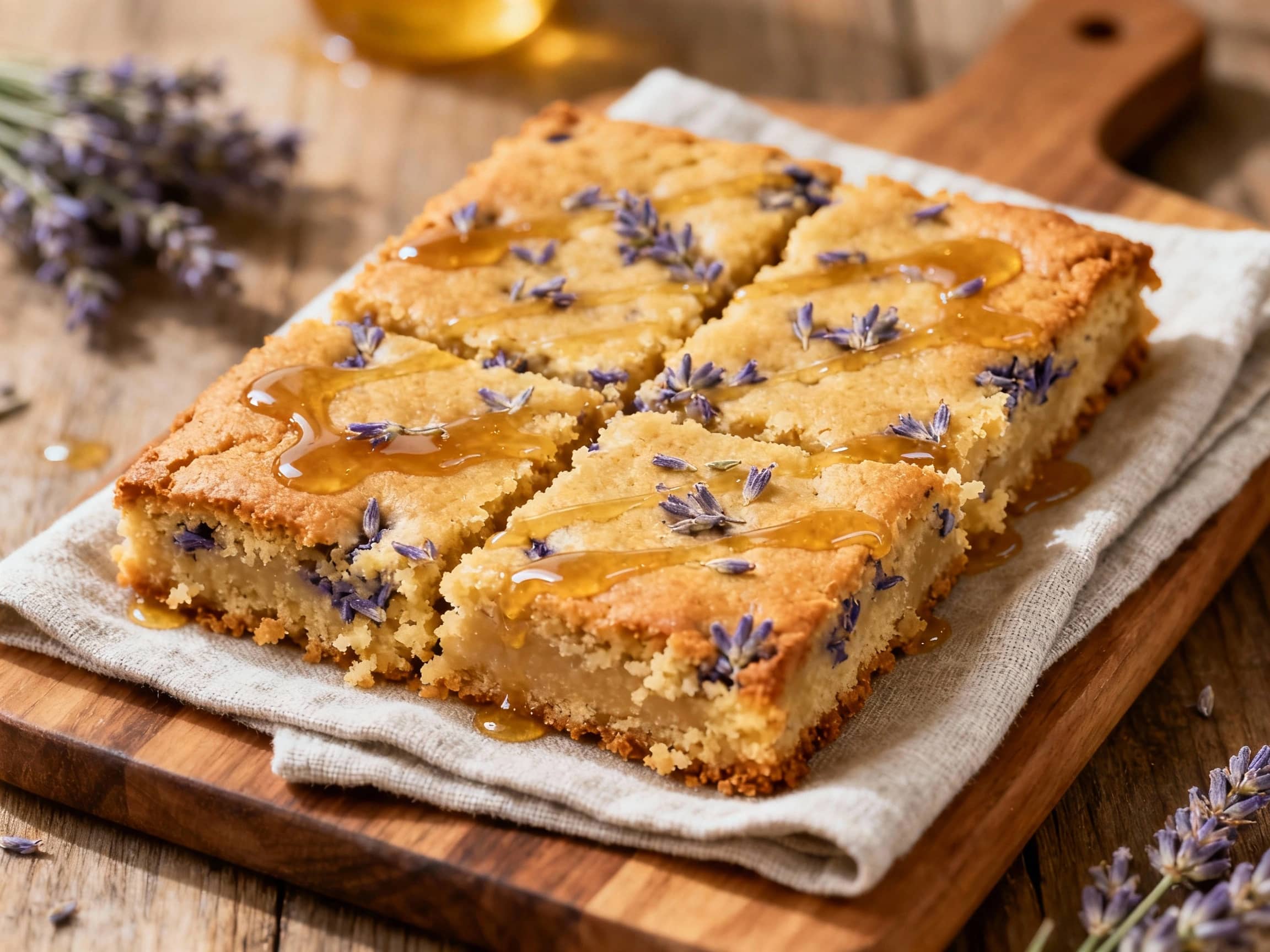Golden, chewy blondie bars with a subtle purple hue are sprinkled with lavender buds and drizzled with honey, offering a delicate and inviting sweetness.