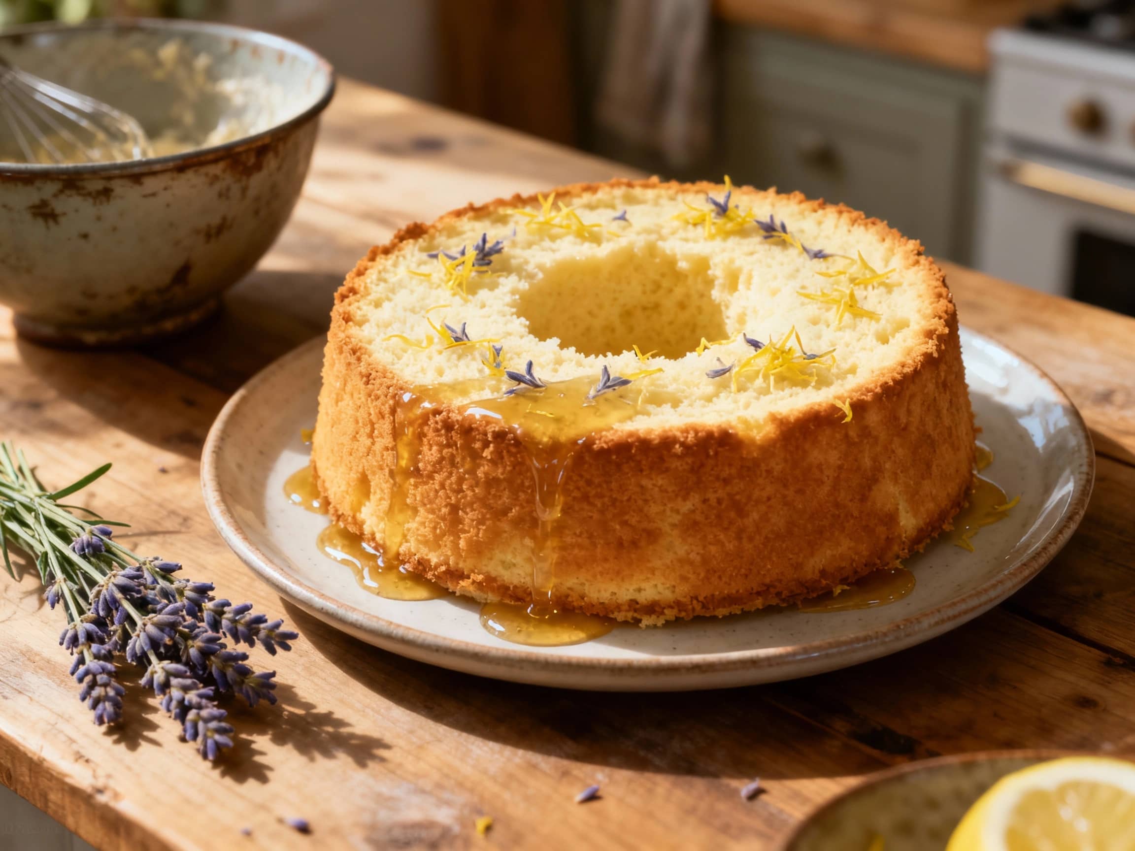 A delicate, pale purple lavender chiffon cake dusted with powdered sugar sits on a white plate, topped with a swirl of whipped cream, fresh lavender sprigs, and a sprinkle of bright yellow lemon zest.