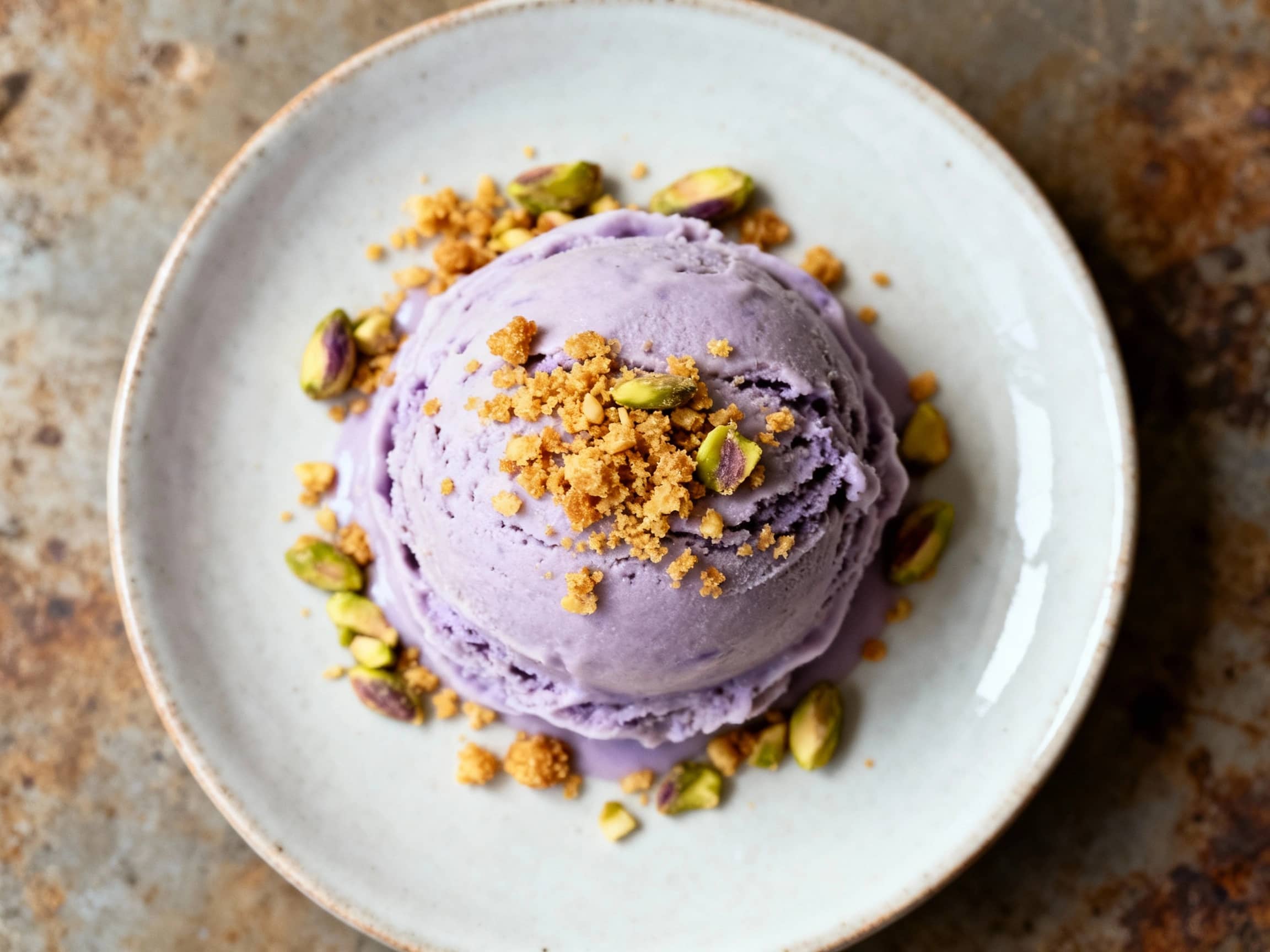 A scoop of pale purple lavender honey gelato sits in a clear glass bowl, topped with a scattering of vibrant green pistachio crumble and a single sprig of fresh lavender.