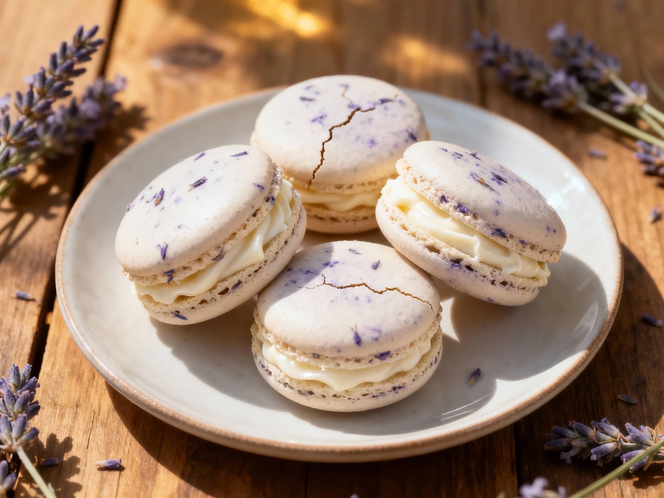 Delicate lavender macarons with a pale purple hue are filled with creamy white chocolate buttercream and drizzled with a touch of honey, creating an elegant and inviting dessert.