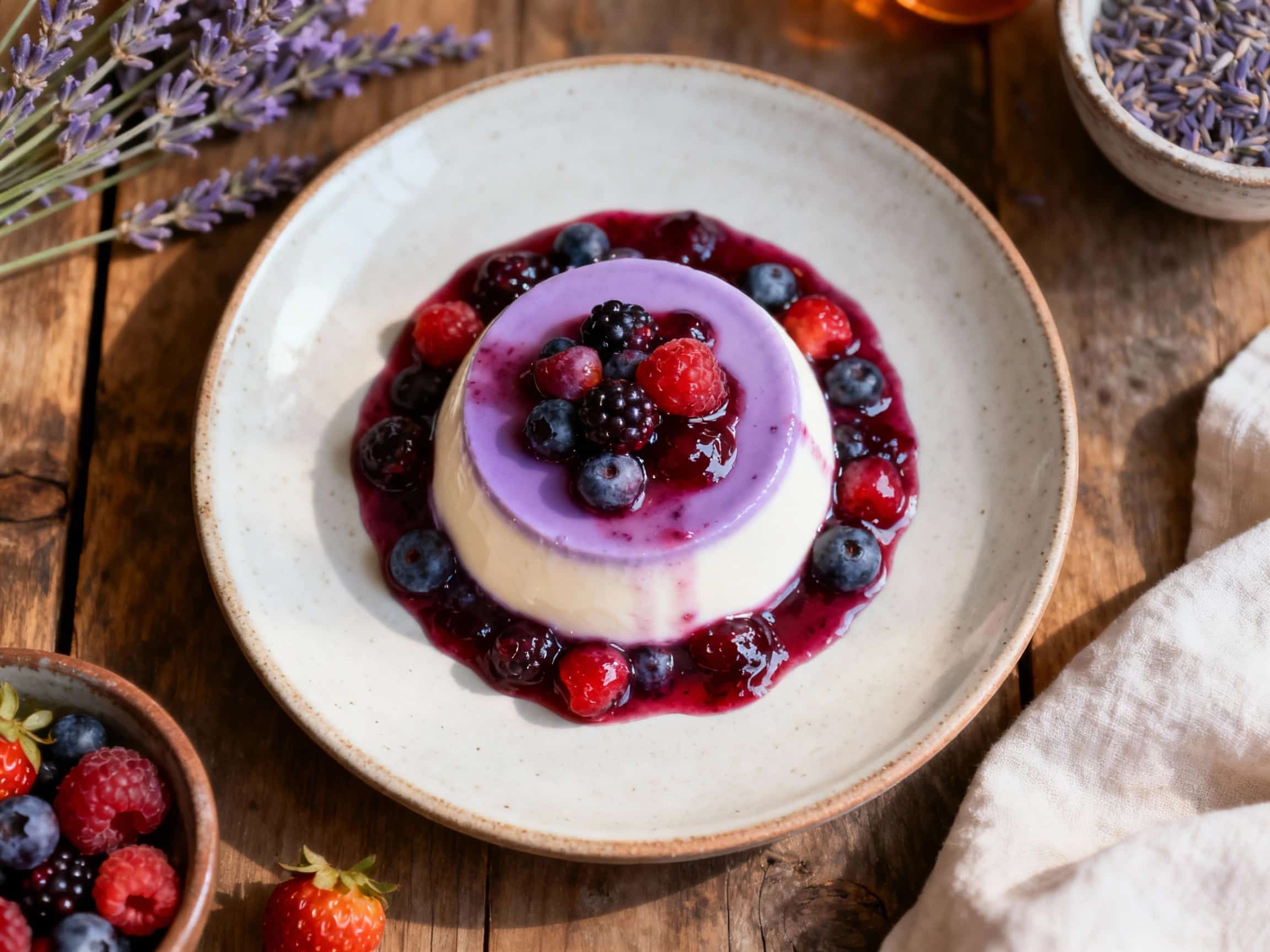 A silky smooth lavender panna cotta topped with a vibrant berry compote and garnished with fresh mint sits elegantly on a white plate, bathed in soft, natural light.