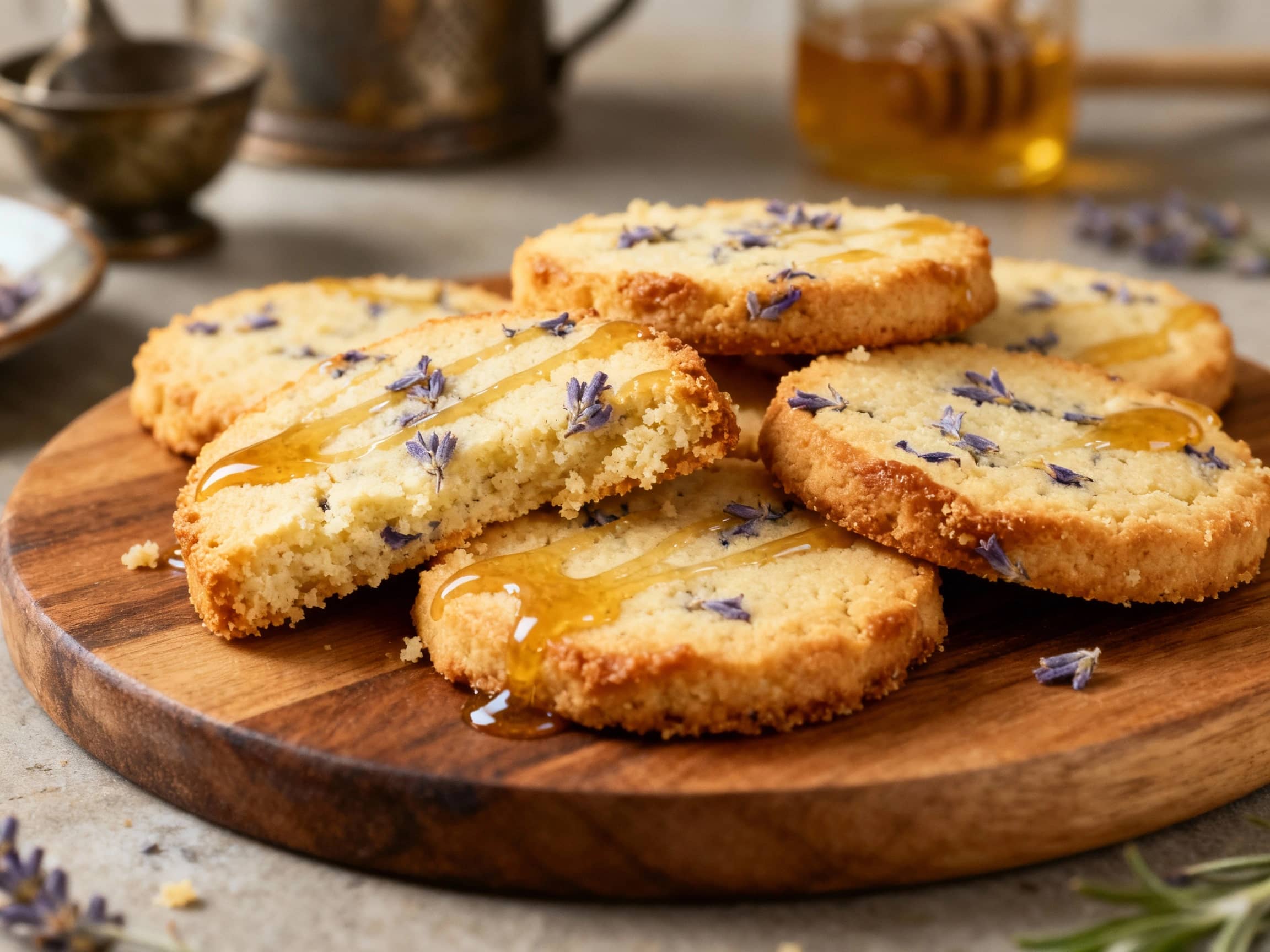 Warm, golden shortbread cookies are artfully arranged on a rustic wooden board, lightly dusted with powdered sugar and garnished with fresh lavender sprigs, inviting a cozy baking experience.