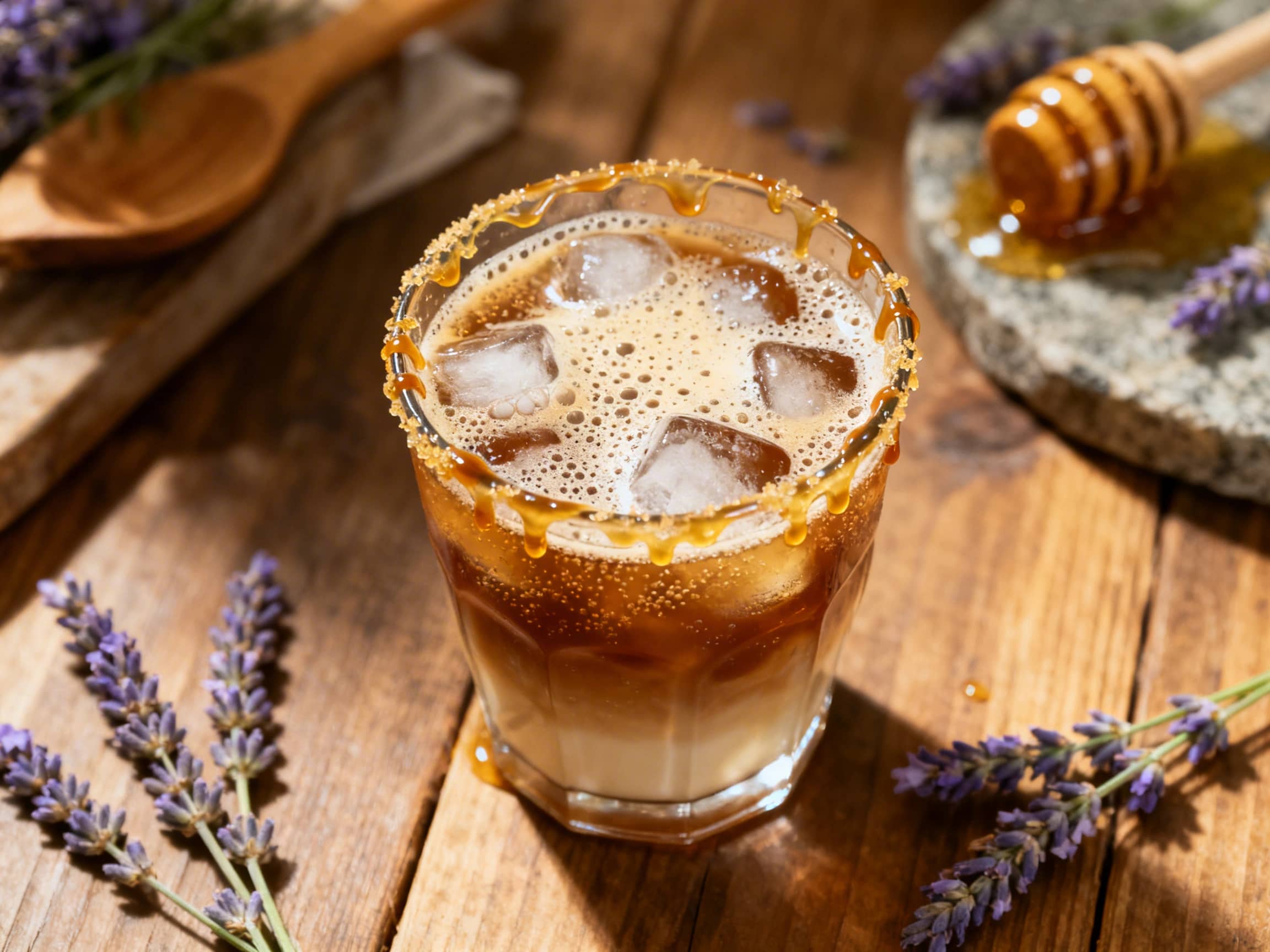 A close-up shot of a tall, clear glass filled with Lavender Honey Sparkling Iced Coffee. The drink has distinct layers, showing rich brown coffee at the bottom blending into a lighter, subtly purple-tinged top layer, effervescent with tiny bubbles. A fresh green lavender sprig and a yellow lemon peel curl gracefully from the rim, enhancing the drink's appeal. It sits on a light wooden surface in a