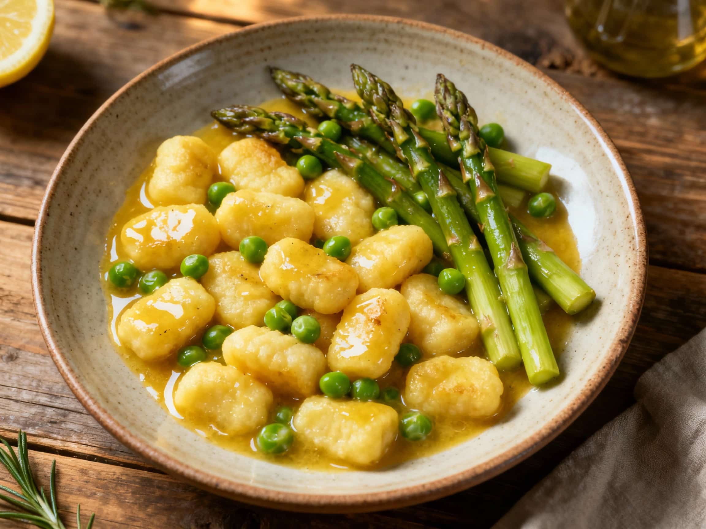 Golden pan-seared gnocchi tossed with bright green asparagus and sweet peas in a creamy lemon butter sauce, garnished with fresh parsley.