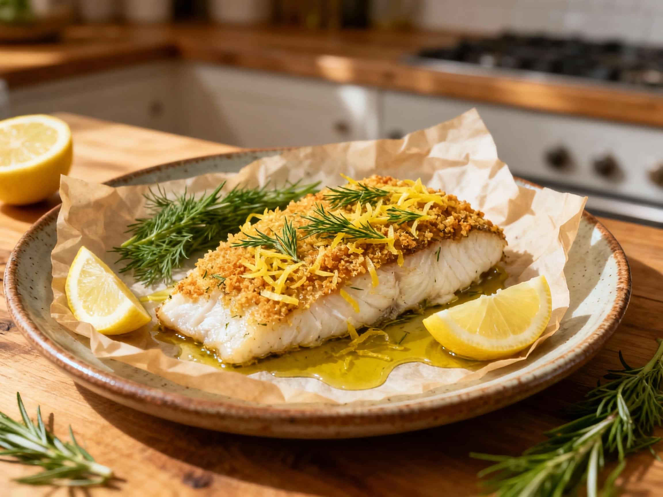 Lemon Dill Crusted Halibut Parchment Bake