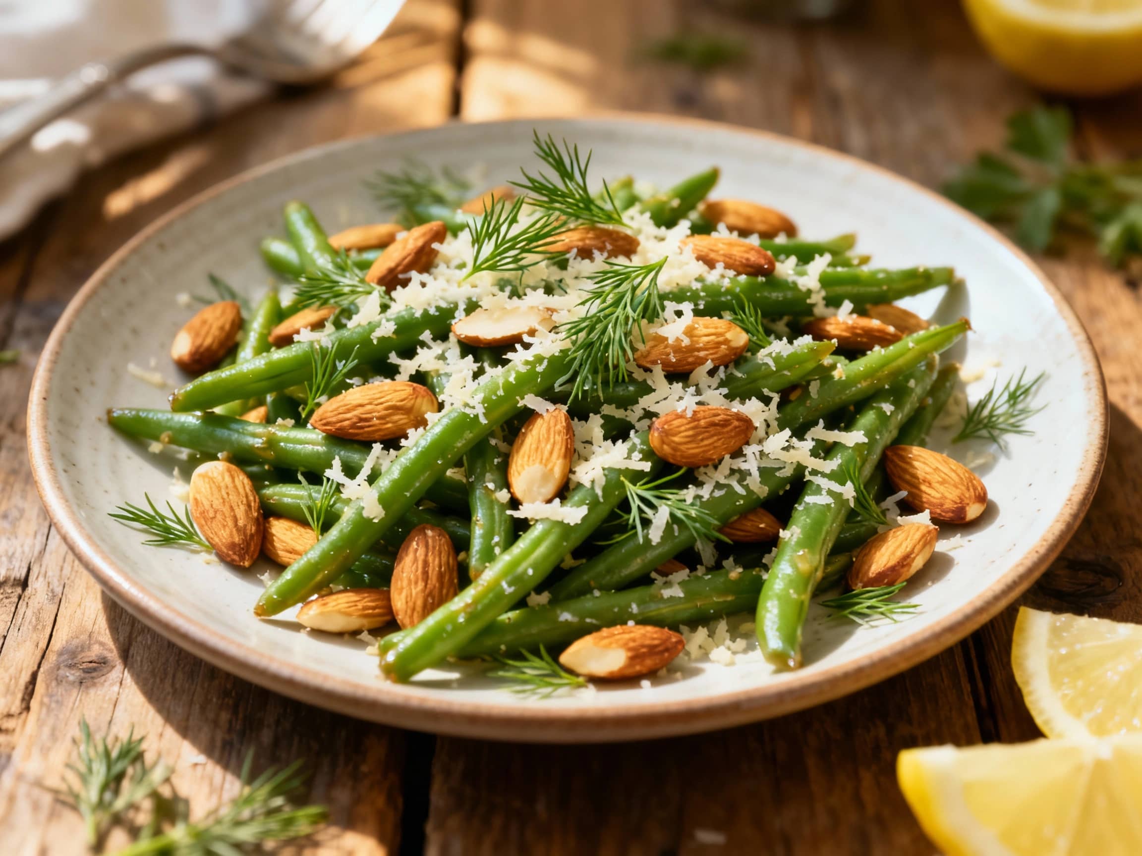Tender green beans tossed with toasted almonds, fresh dill, and savory Parmesan cheese are artfully arranged on a white plate, glistening under soft light.