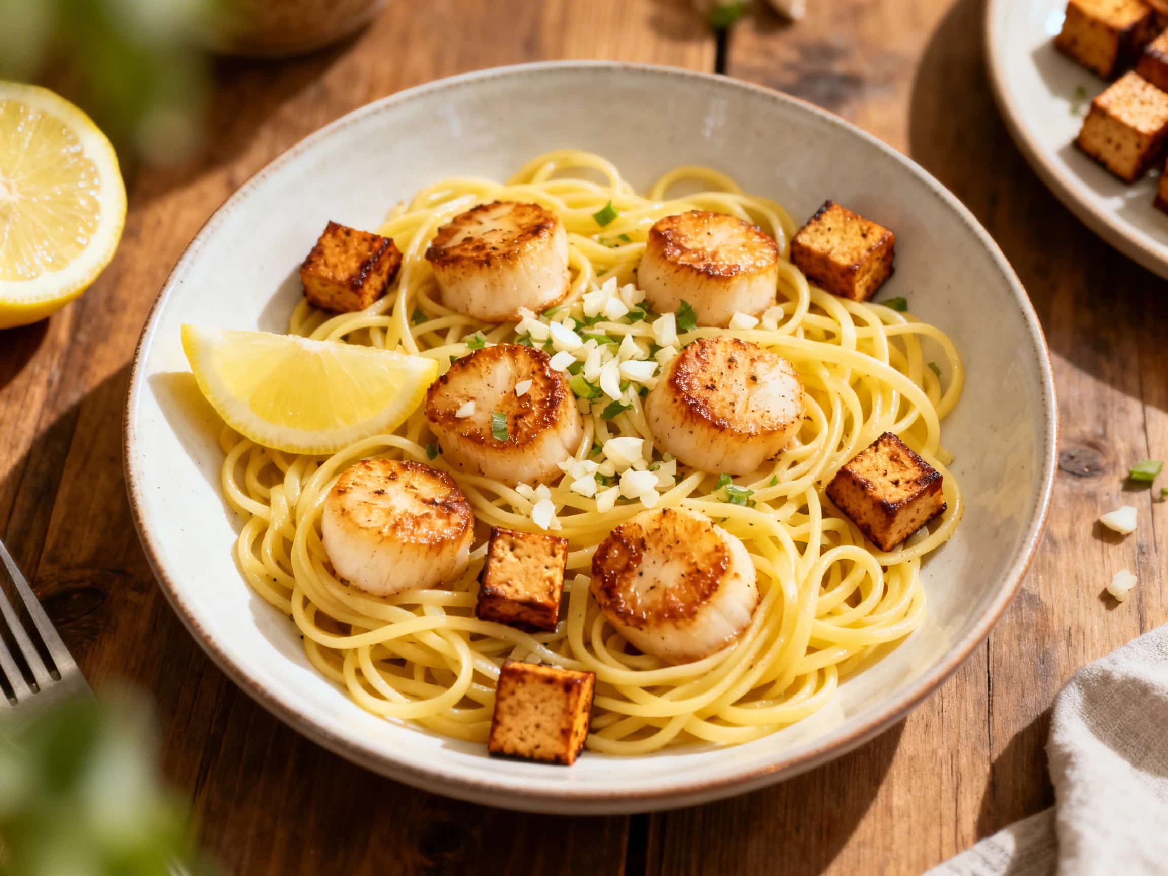 A close-up, top-down view of a beautiful bowl of vegan Lemon Garlic Scallop Linguine. The pasta is generously coated in a creamy, glossy lemon-garlic aioli and topped with perfectly seared, golden-brown tofu 'scallops'. Fresh green parsley and a sprinkle of red chili flakes provide a vibrant garnish. A lemon wedge rests on the side of the bowl, ready for a final zest. The dish is presented invitin