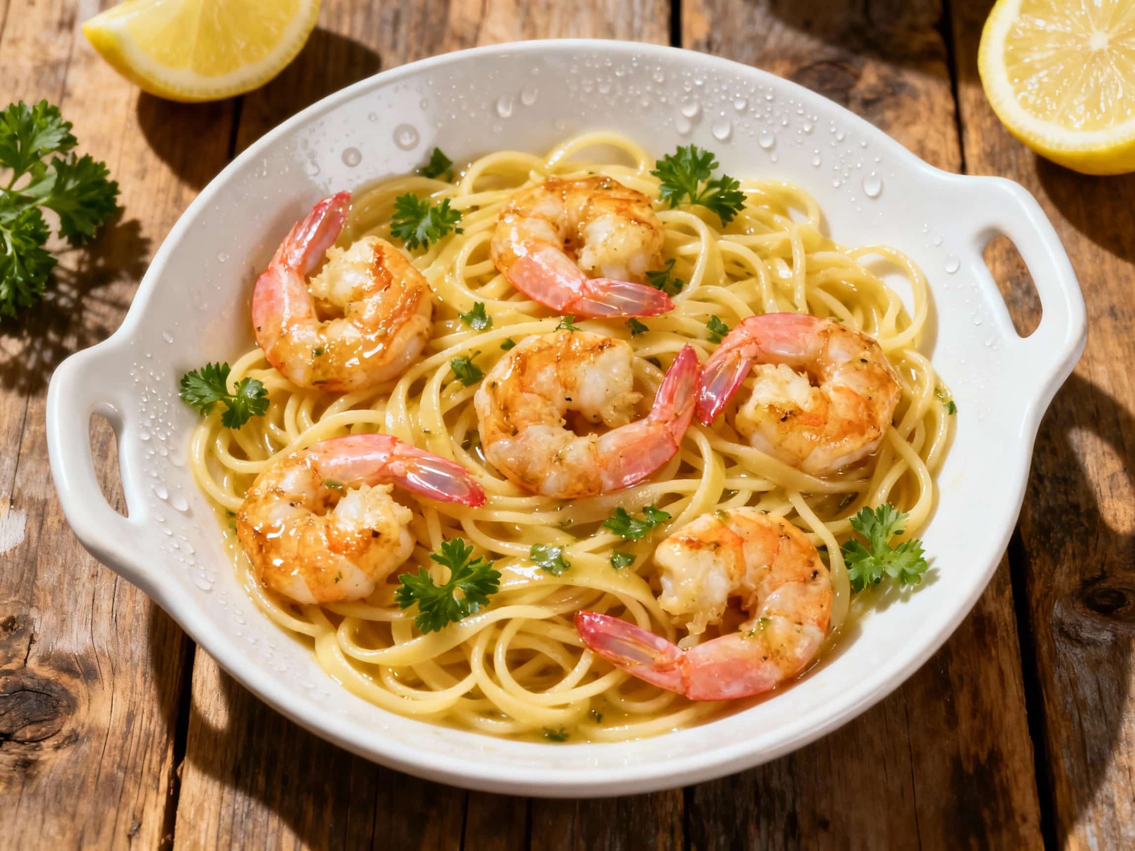 A beautifully plated bowl of lemon garlic shrimp linguine, tossed with juicy shrimp and fresh parsley, rests on a rustic wooden table.
