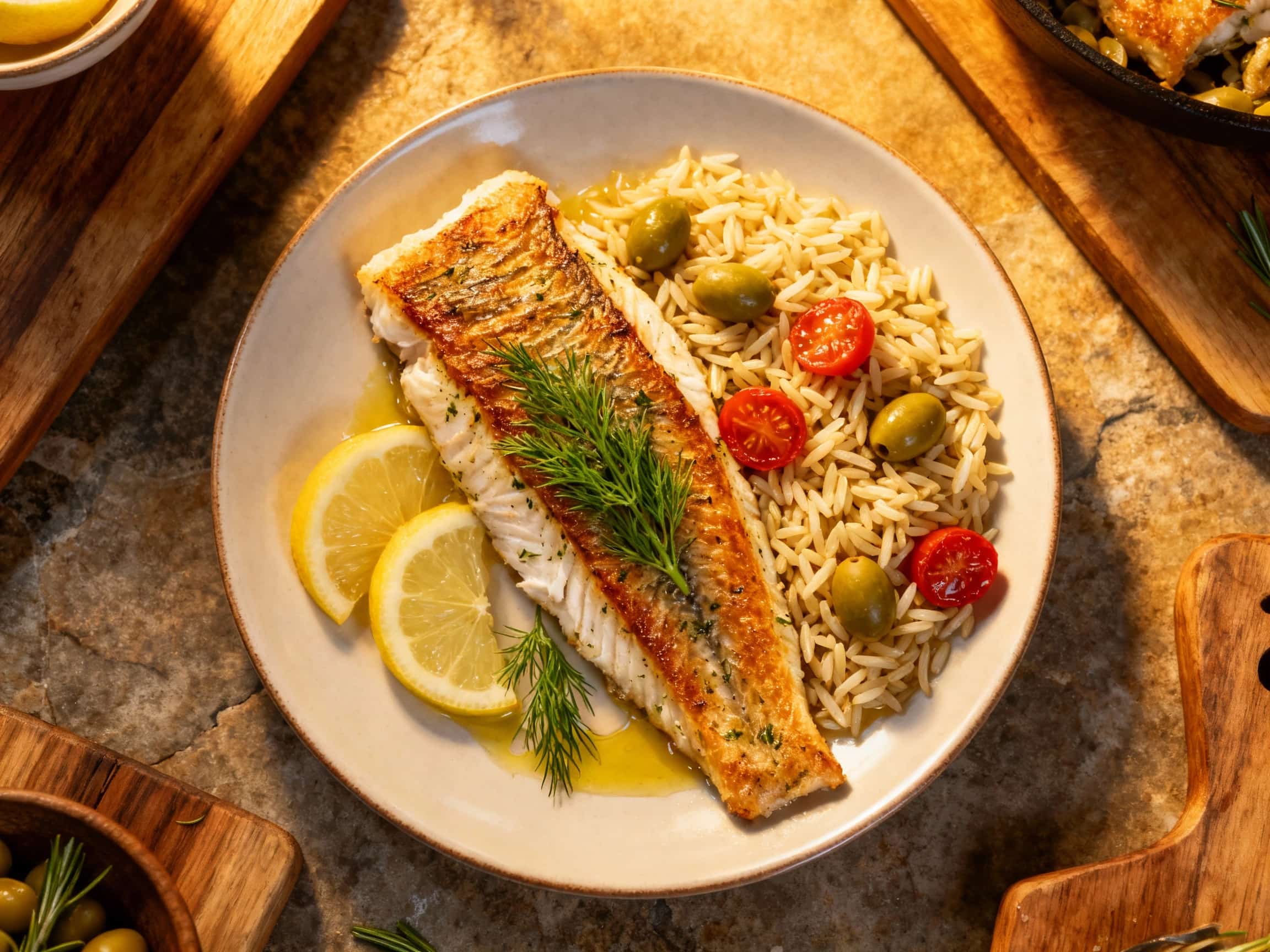 A rustic white plate features a savory orzo pilaf, studded with finely diced carrots, celery, and peas, and fresh green herbs. A perfectly baked cod fillet, infused with lemon and herbs, sits on top, flaking gently. Garnished with vibrant green dill and parsley, and bright yellow lemon wedges, the dish looks fresh, wholesome, and ready to be enjoyed. The setting is bright and inviting, conveying a