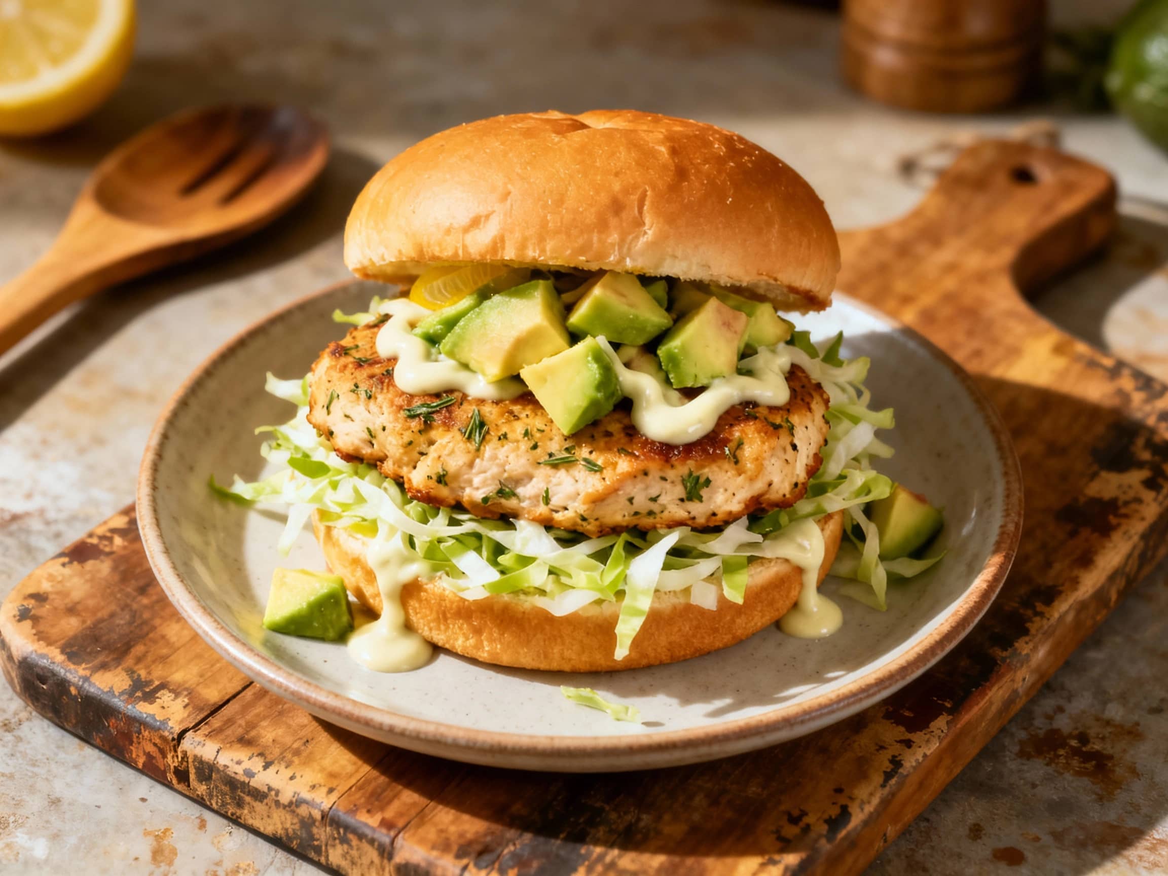A juicy lemon herb chicken burger is stacked high on a toasted bun, topped with creamy avocado slaw and fresh parsley, served on a rustic wooden board.