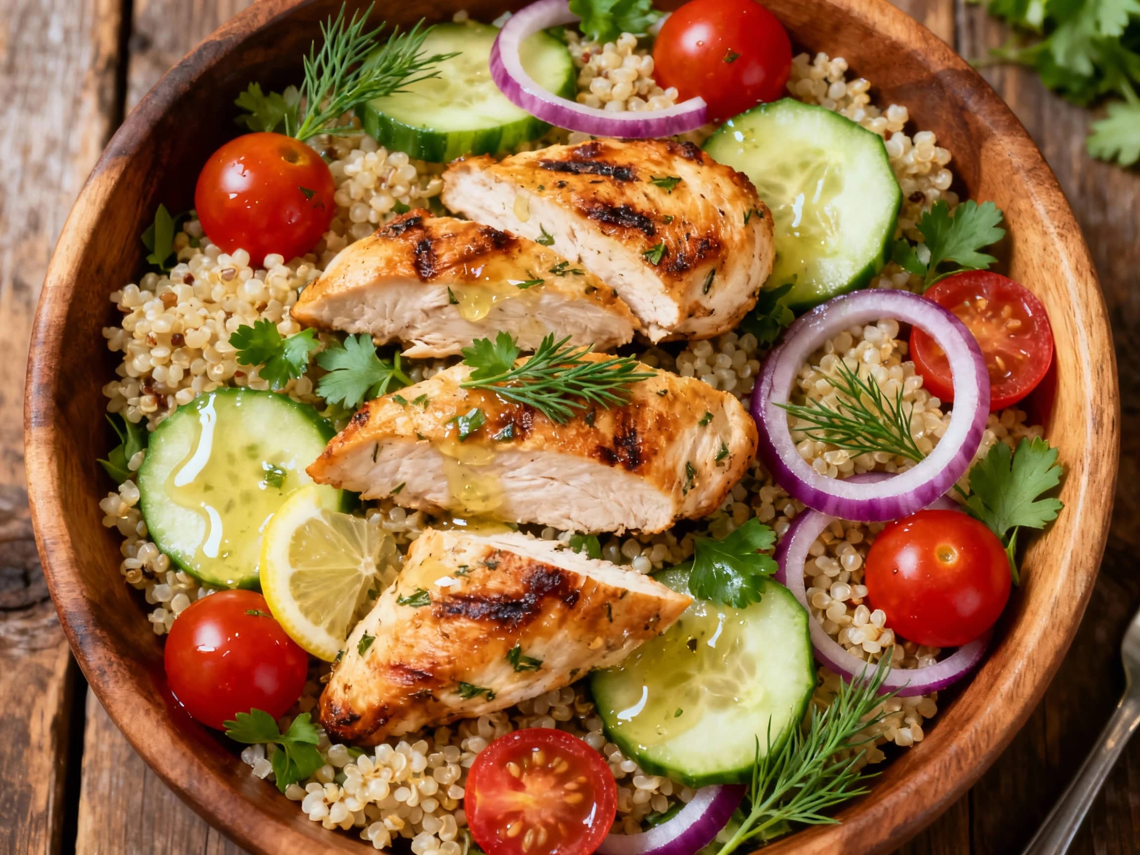 A vibrant lemon herb chicken quinoa salad glistens in natural light, featuring tender chicken pieces, fluffy quinoa, chopped fresh herbs, and a bright citrus dressing, all artfully arranged in a white bowl with a sprig of parsley garnish.