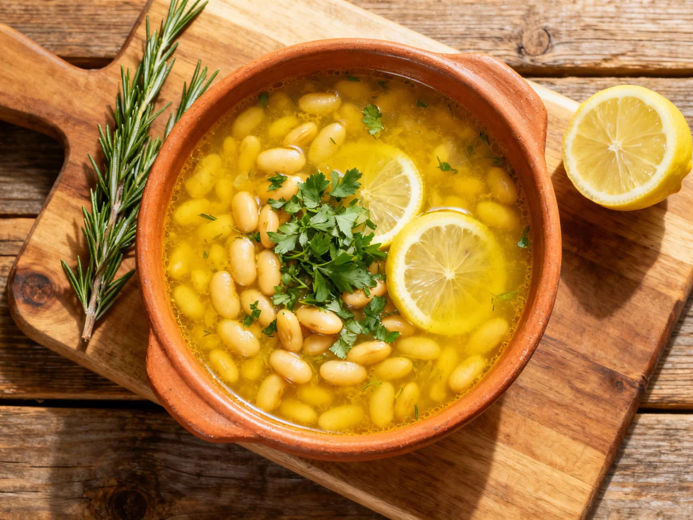 A steaming bowl of bright yellow fasolada, or Greek bean soup, is garnished with fresh green herbs and a lemon wedge, all served under warm, inviting light.