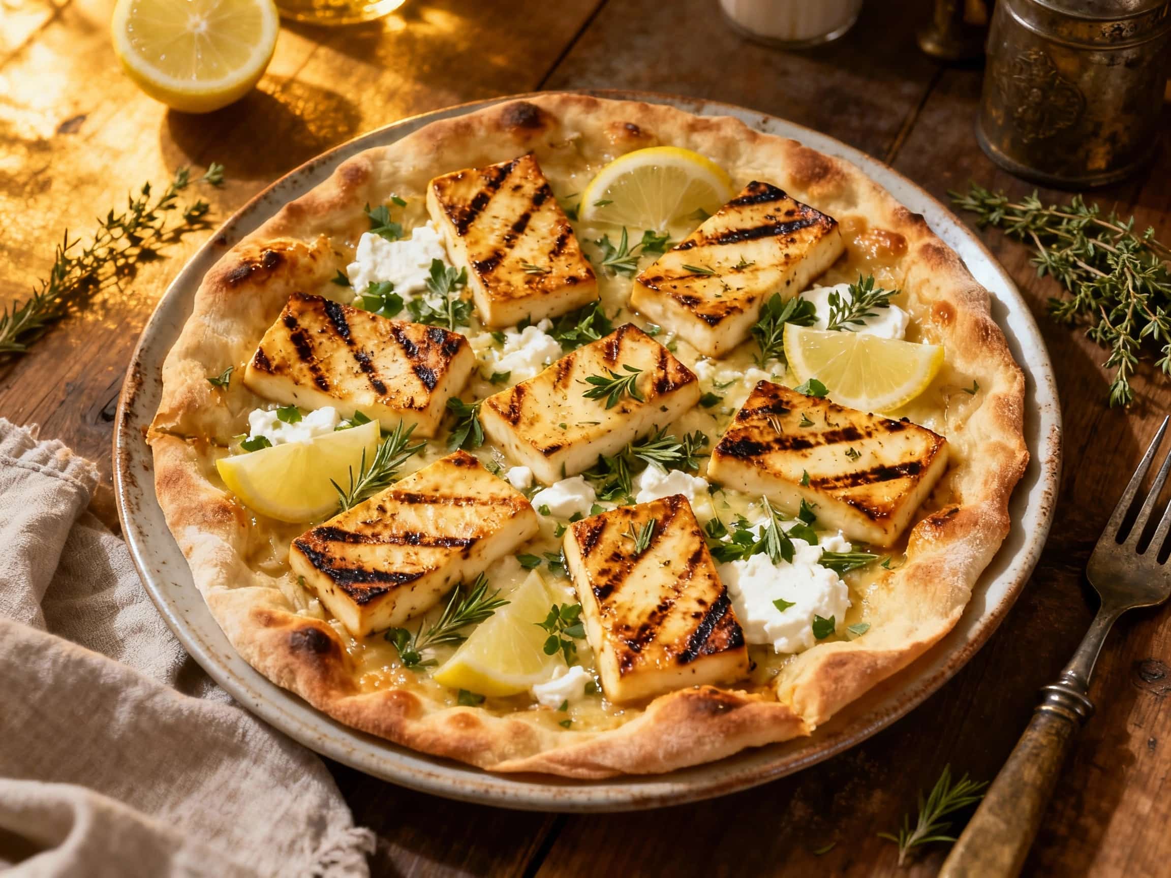 A rustic Greek pizza on a wooden cutting board, viewed from directly above. The golden-brown pita crust is covered with grilled halloumi cheese, sliced Kalamata olives, chopped sun-dried tomatoes, and thinly sliced red onion. A scattering of fresh oregano and dill adds bursts of green, and the pizza appears lightly drizzled with lemon juice. The edges of the crust are slightly raised and crisp, in