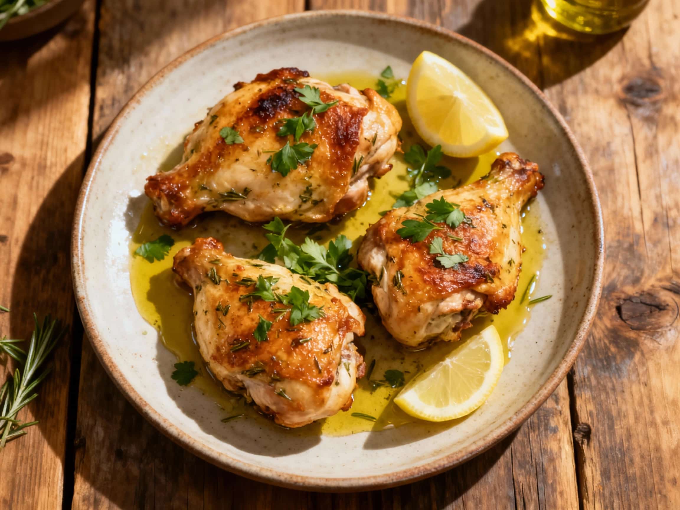 Golden-brown baked chicken thighs glisten with a lemon herb marinade, artfully arranged on a rustic wooden board with fresh parsley sprigs scattered around.