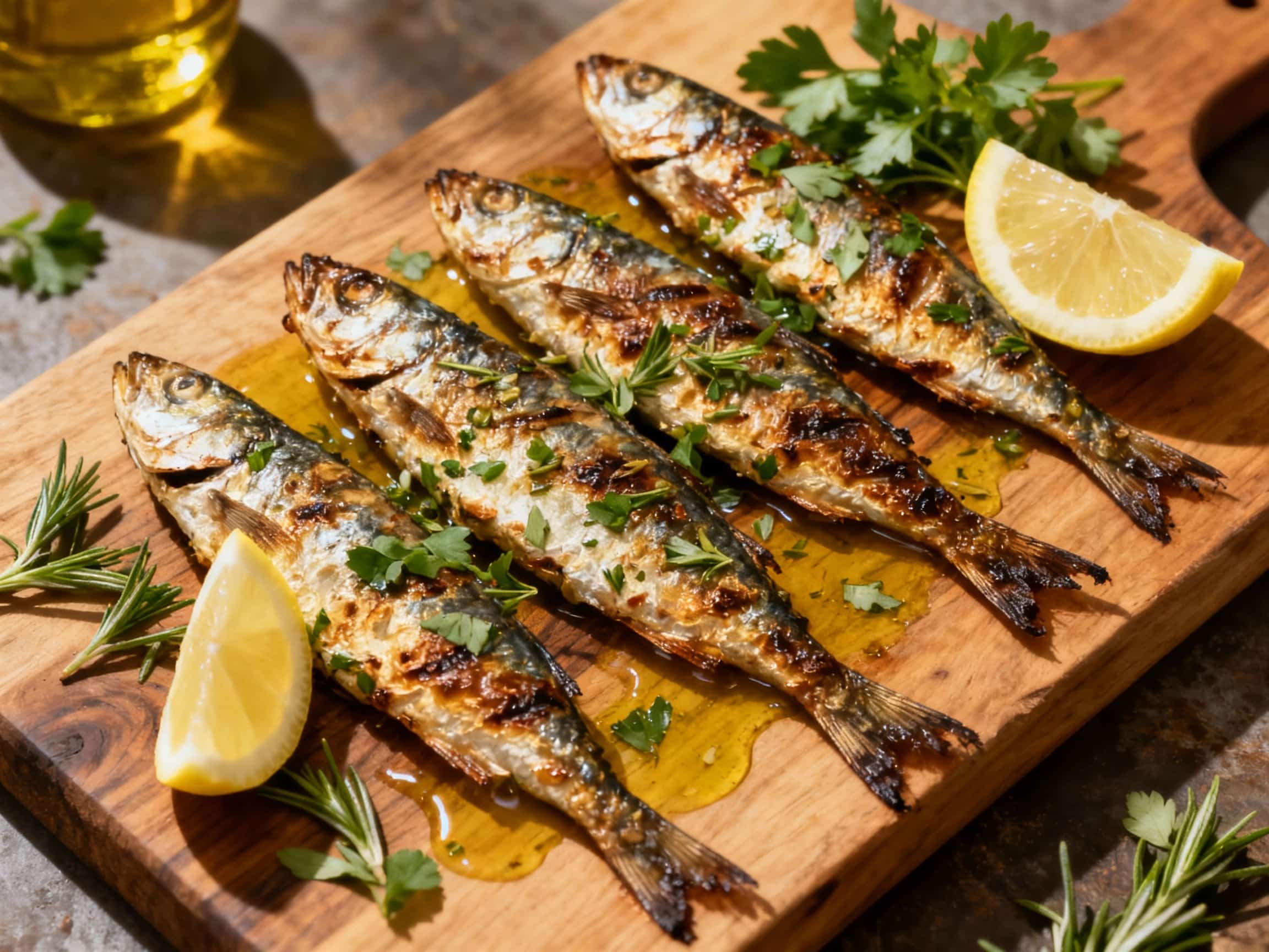 Charred whole sardines glisten with marinade and fresh herbs, served simply on a rustic platter, evoking a fresh, seaside meal.