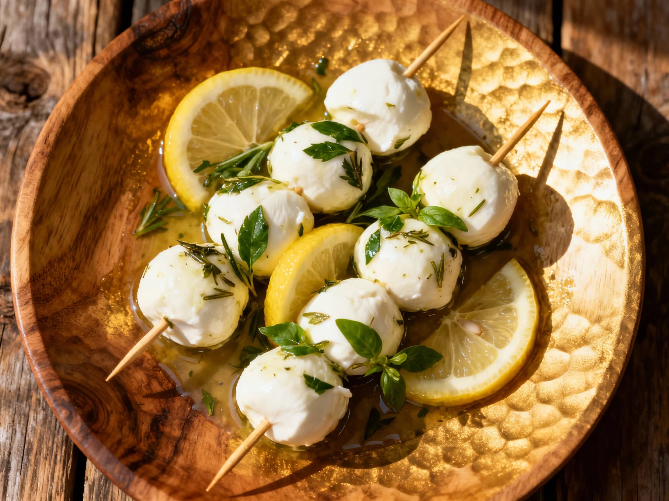 A close-up of colorful Lemon-Herb Marinated Mozzarella Skewers displayed on a rustic wooden platter. Each skewer holds creamy white mozzarella balls, ruby red cherry tomatoes, and verdant green herb leaves, some featuring dark halved Kalamata olives for extra zest. The arrangement is pleasing, showcasing the fresh ingredients and inviting Mediterranean flavors, ready for a gathering or as part of