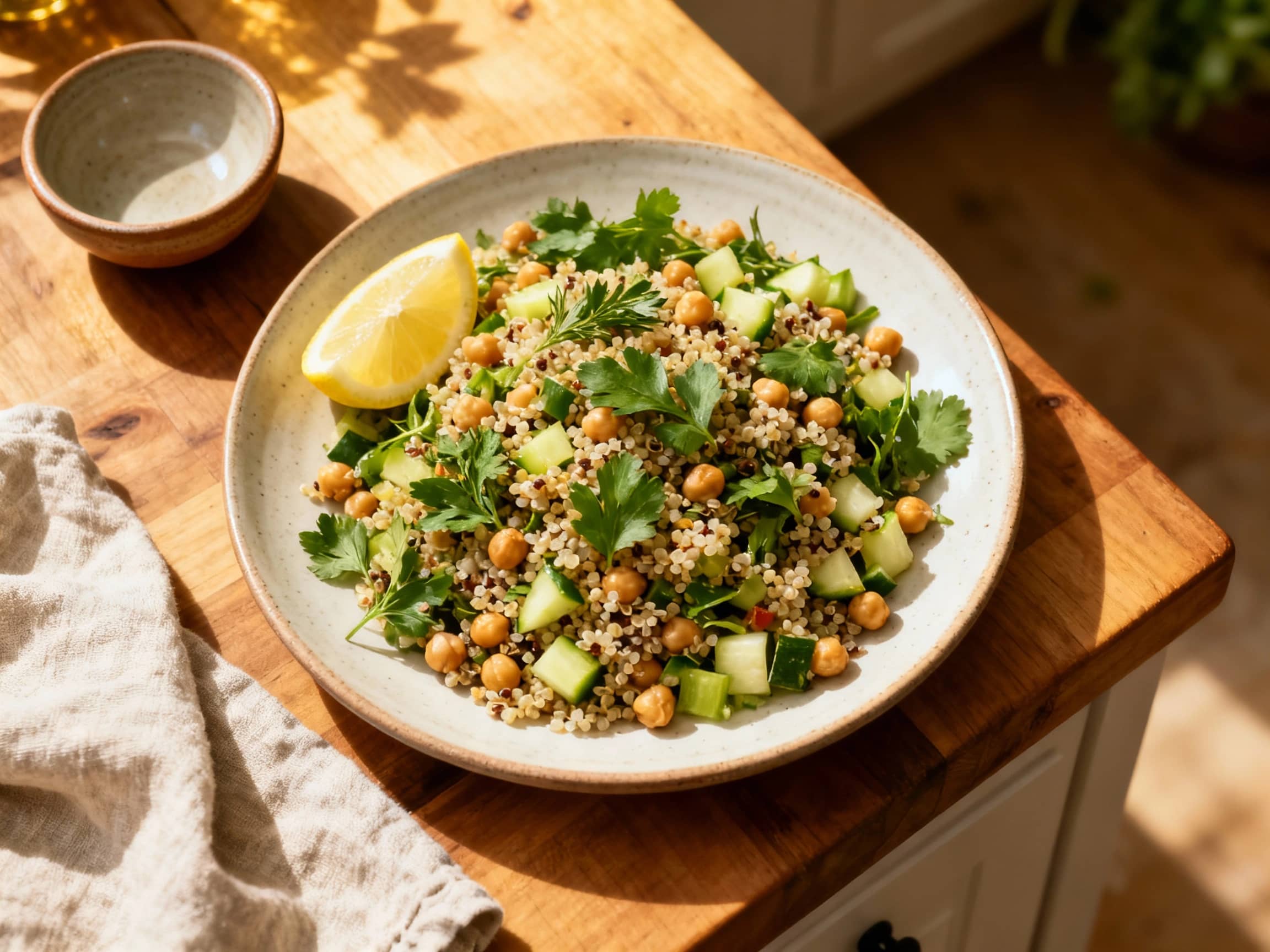 A refreshing lemon herb quinoa and chickpea salad is generously portioned in a white ceramic bowl, topped with fresh parsley and a lemon wedge, ready for a light and healthy meal.