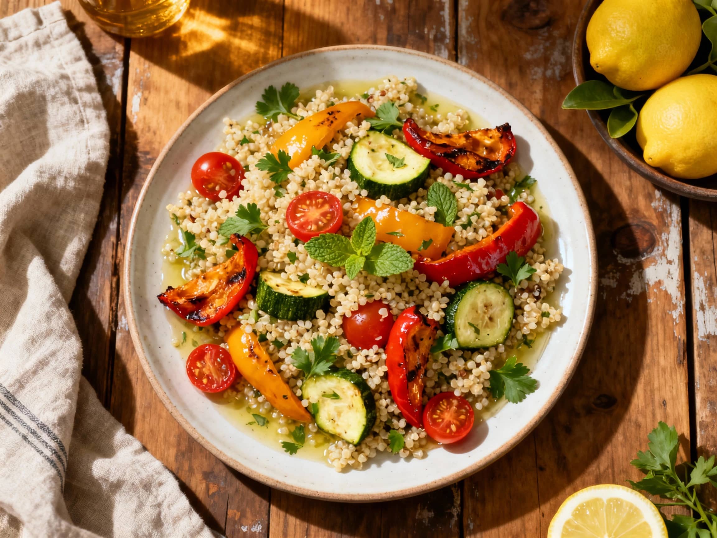 A vibrant lemon herb quinoa salad is generously topped with colorful roasted vegetables like red bell peppers and broccoli, artfully arranged on a white plate with a fresh herb garnish.