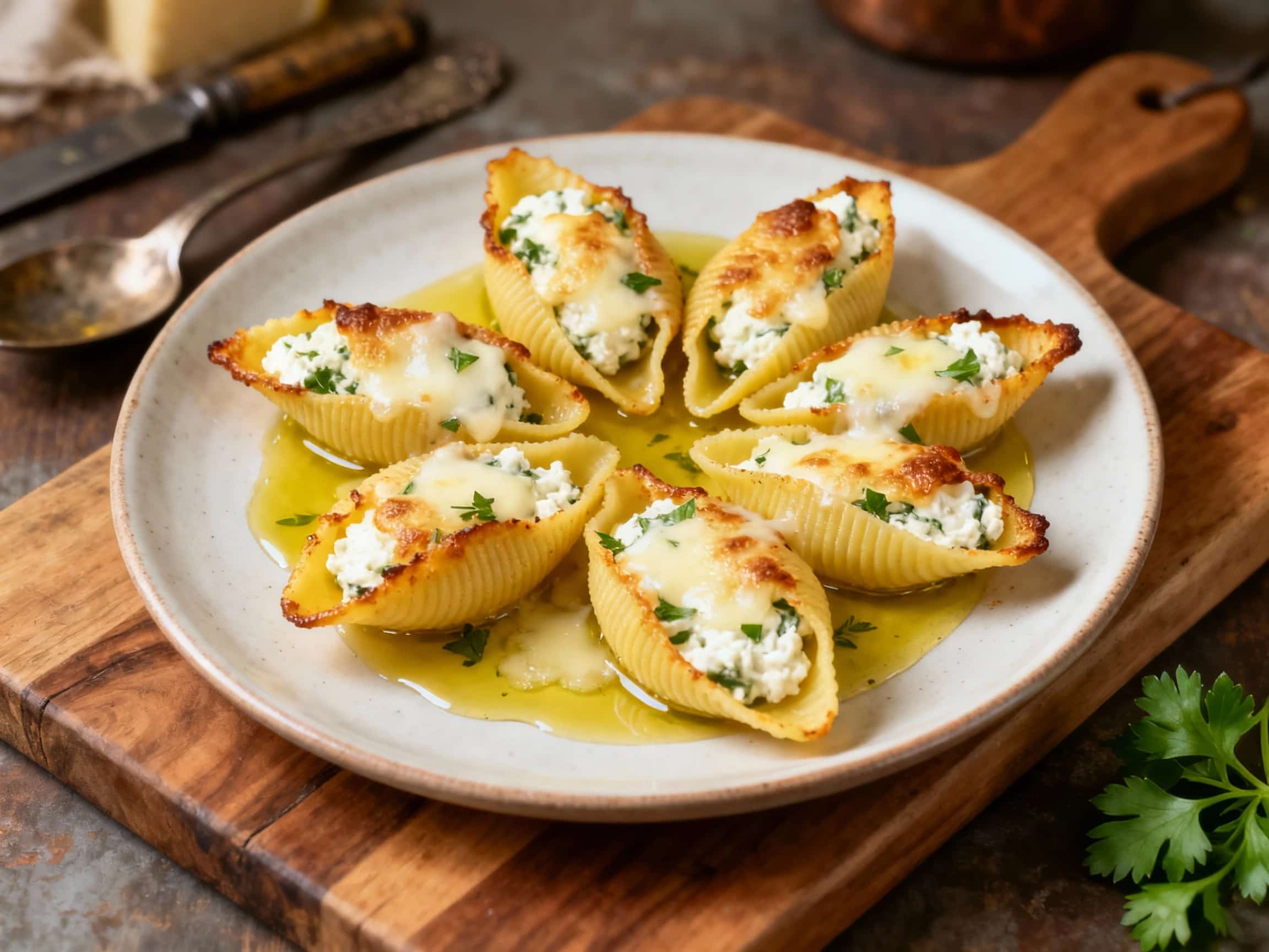 Large pasta shells overflowing with creamy ricotta, baked in a bright tomato sauce and sprinkled with fresh green herbs, ready to be devoured.