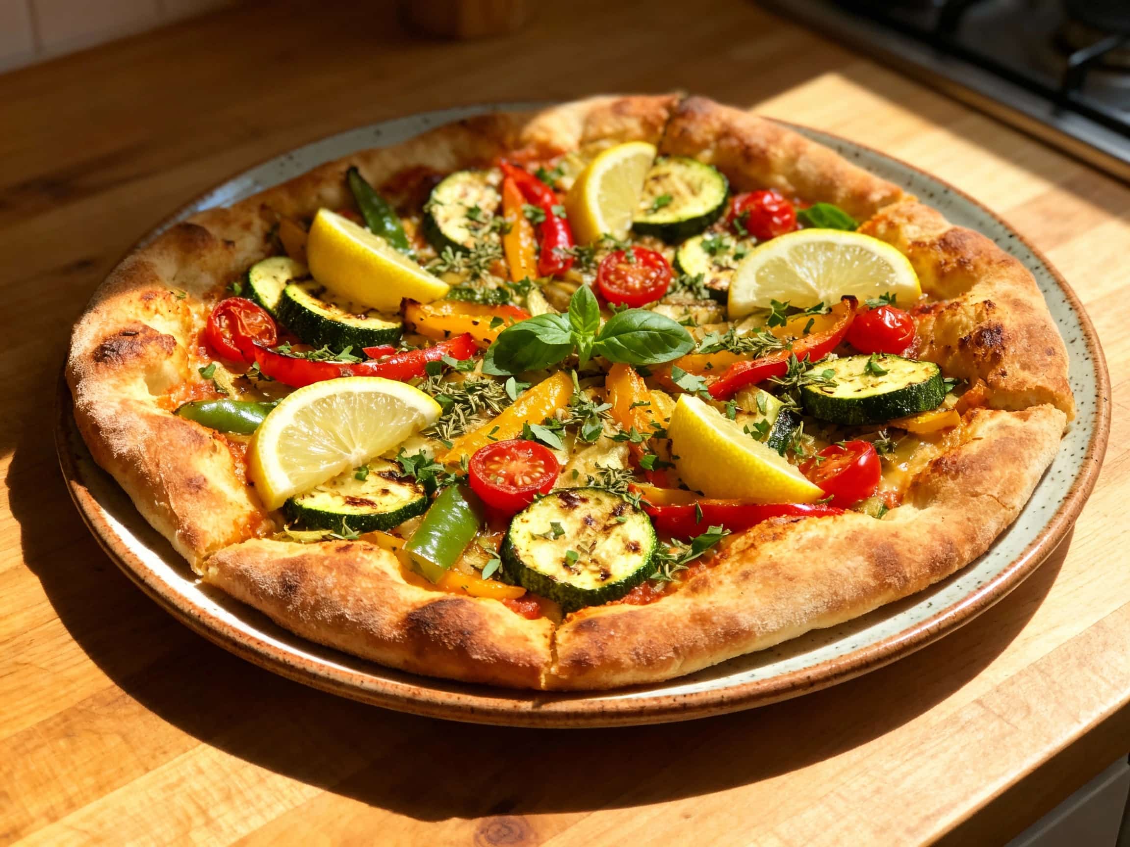 Colorful roasted bell peppers, zucchini, and red onion are artfully arranged on a rustic Sicilian pizza crust, glistening with herbs and lemon zest, ready to be enjoyed.