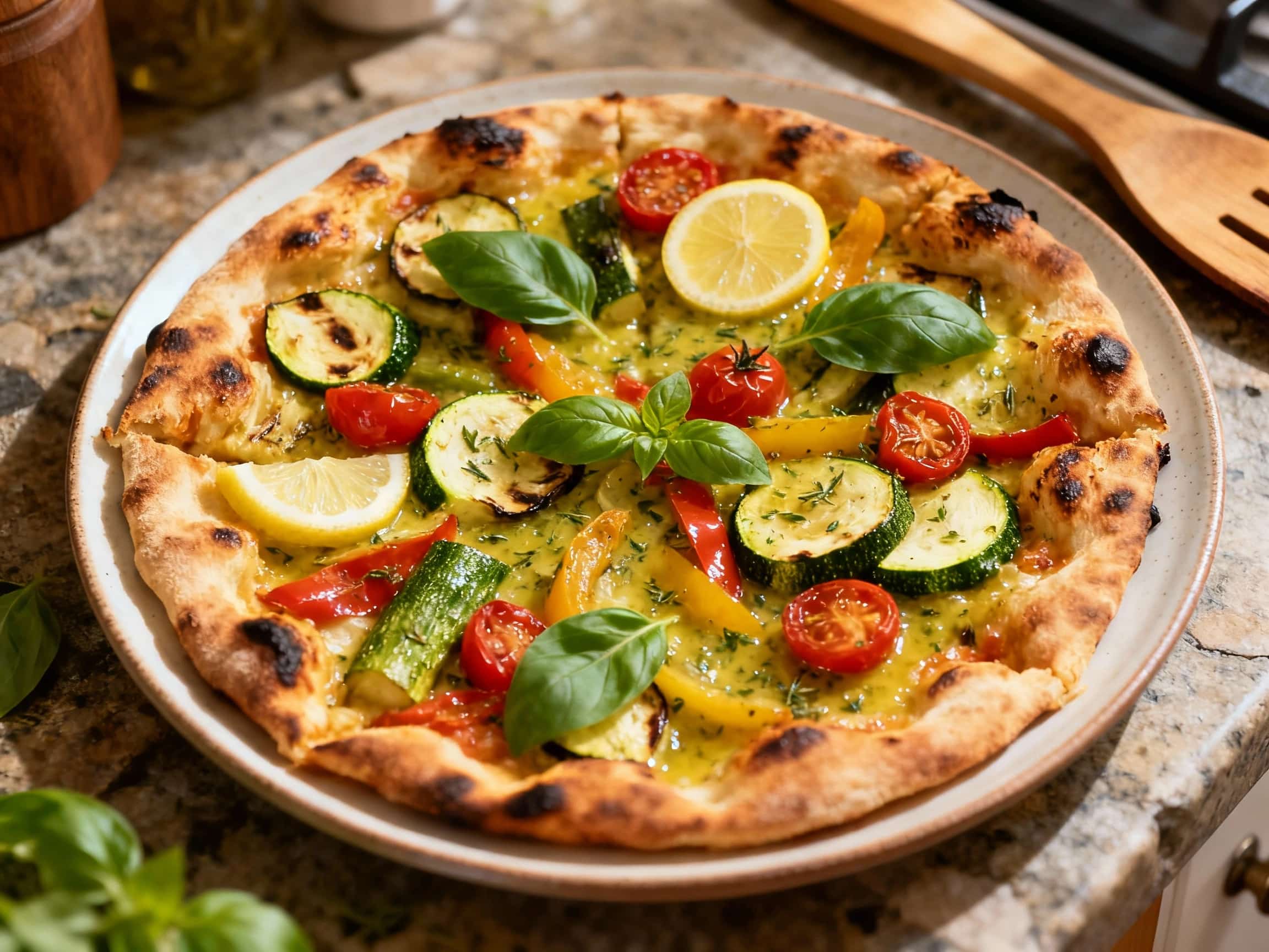 A rustic, thin-crust pizza is piled high with colorful roasted vegetables like zucchini, bell peppers, and red onion, all drizzled with olive oil and sprinkled with fresh herbs.