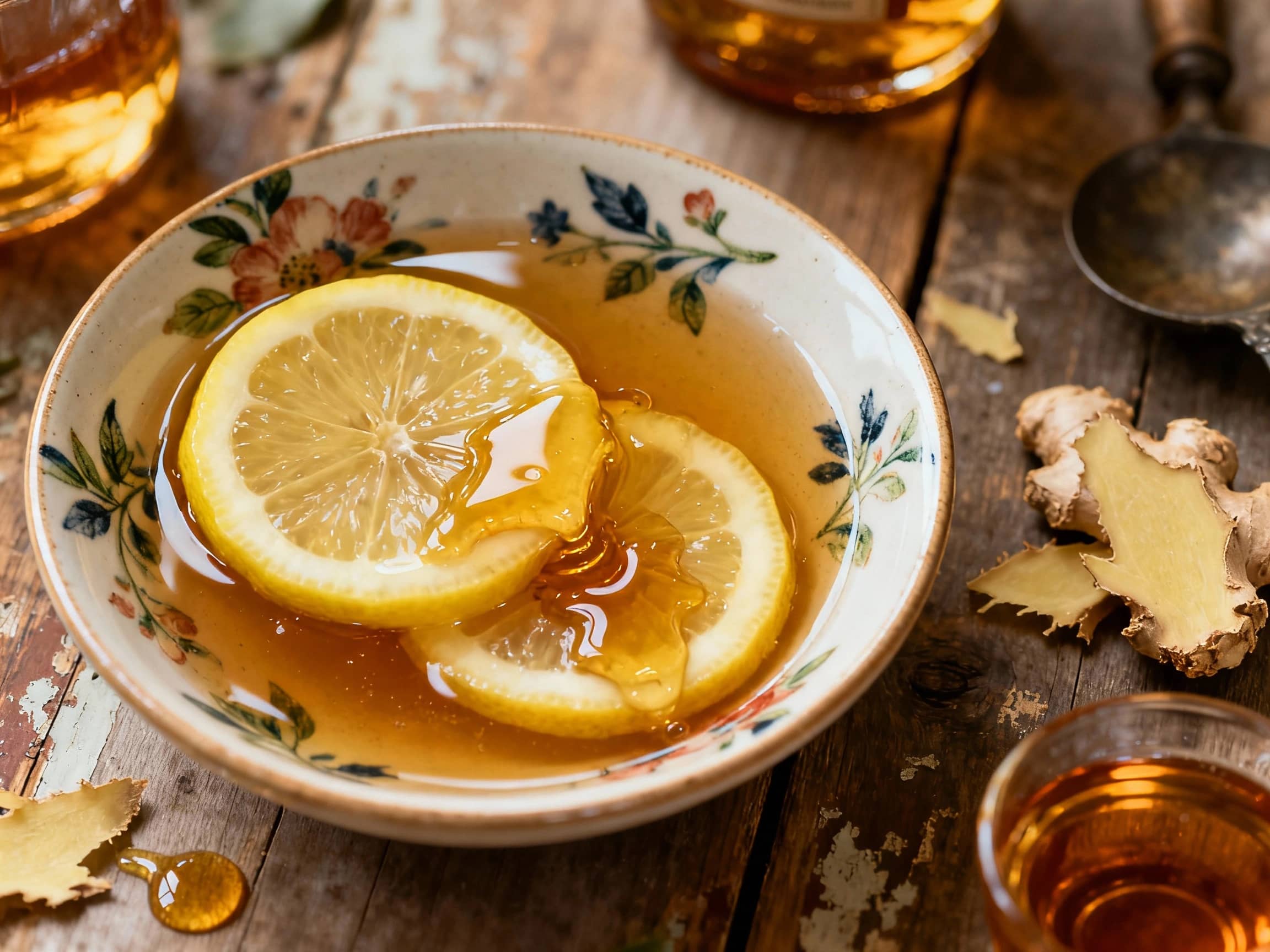 A warm, amber-hued mug of lemon honey ginger whiskey brew sits cozily on a rustic wooden surface, garnished with a fresh lemon slice and a sprig of thyme, evoking a sense of comfort and relaxation.