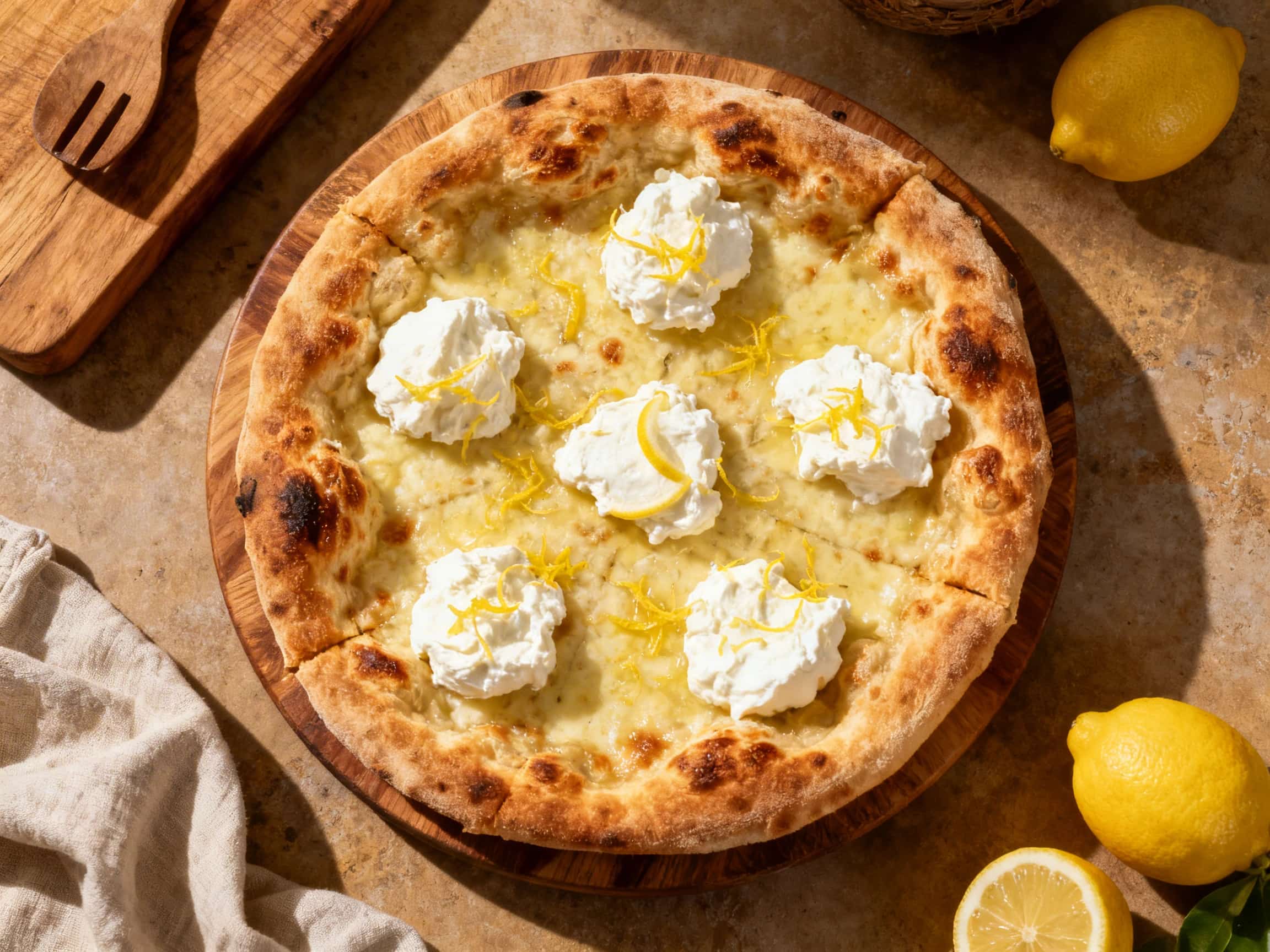 An artistic overhead shot of a freshly baked Lemon Ricotta White Neapolitan Pizza. Creamy, white ricotta is spread across a golden-brown, airy crust with perfectly charred bubbles. Vibrant green basil leaves are scattered generously, and bright yellow flecks of lemon zest add a pop of color and freshness. The pizza rests gently on a rustic wooden pizza peel, its appealing aroma almost palpable. Th
