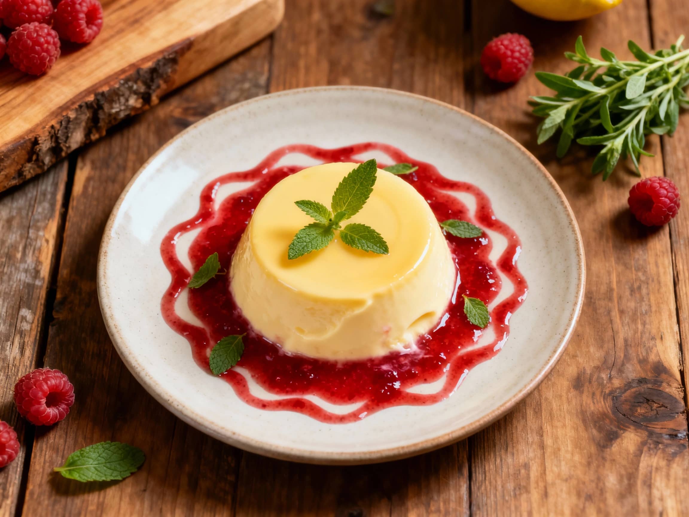 A velvety smooth panna cotta, bathed in soft light, is generously drizzled with a vibrant raspberry coulis and crowned with delicate lemon verbena leaves.