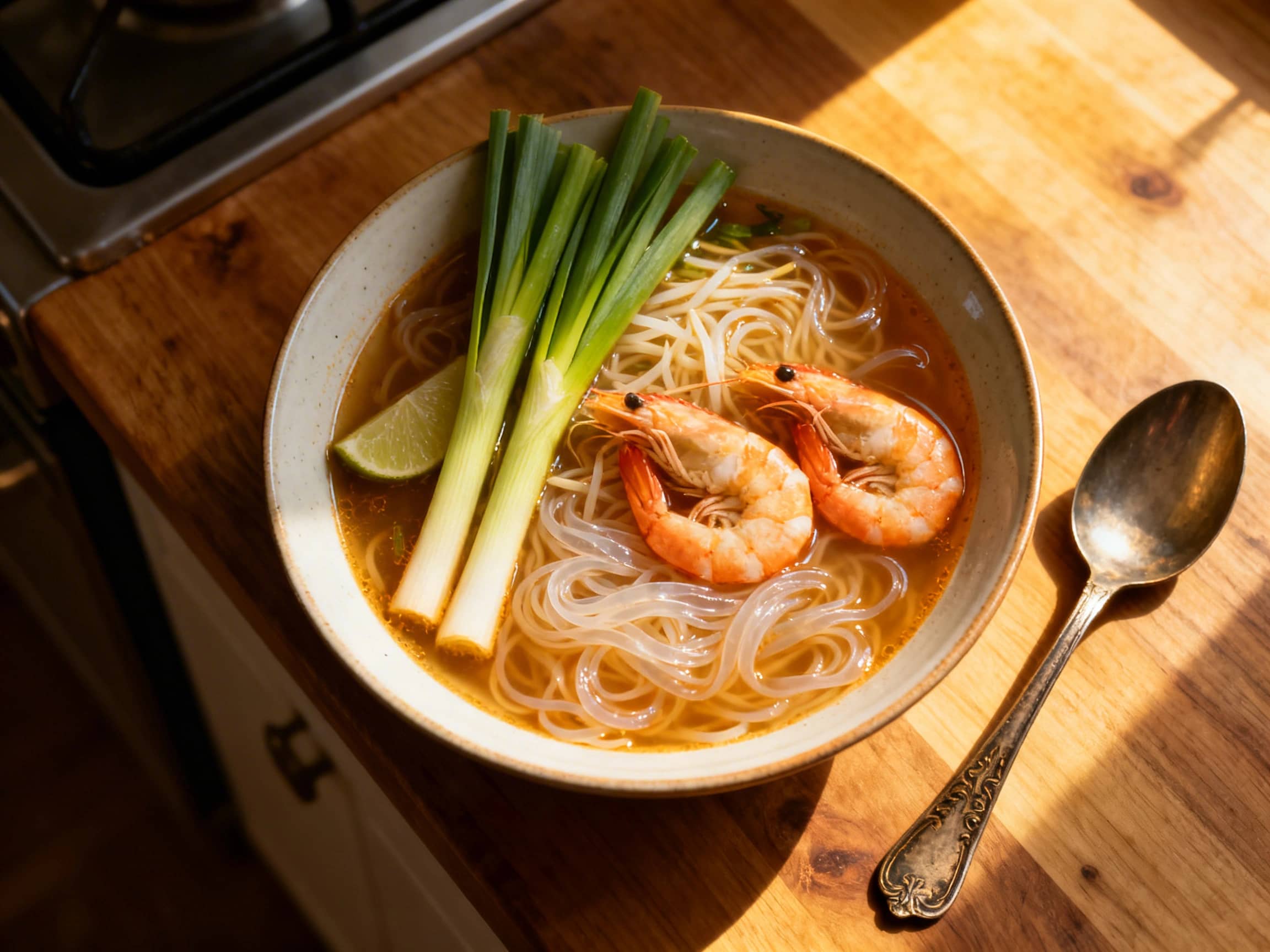 A vibrant and aromatic bowl of Lemongrass Shrimp Noodle Soup, presented from a top-down perspective. Plump, pink shrimp and delicate rice noodles are submerged in a clear, golden broth, fragrant with lemongrass and chili. Fresh green cilantro and mint leaves are scattered generously on top, providing a beautiful color contrast. A bright green lime wedge sits on the rim of the bowl, ready to be squ