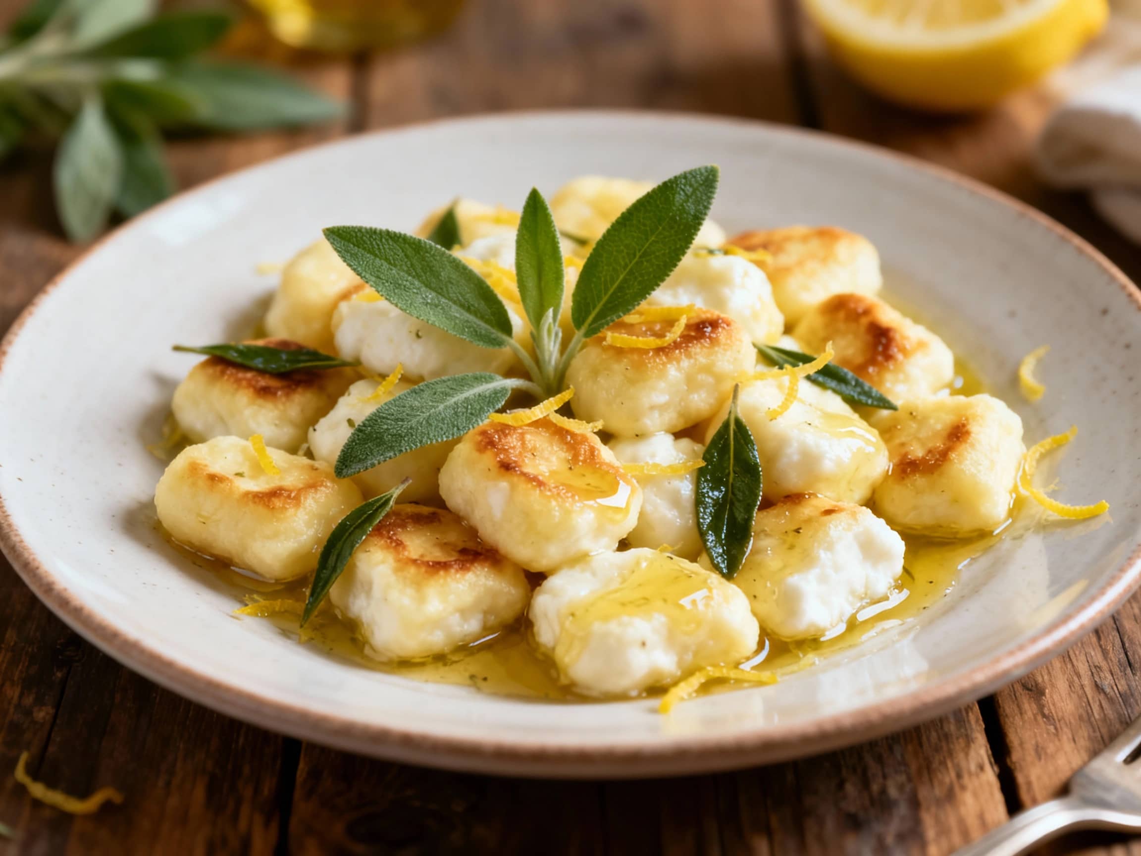 A close-up image of a serving of light and airy ricotta gnocchi, tossed in a rich, nutty brown butter sauce. The gnocchi are a soft yellow, and the sauce shimmers with golden highlights. Fresh, crisped sage leaves are scattered attractively over the dish, with a light dusting of grated Parmesan cheese visible. The overall presentation is warm and inviting, suggesting a comforting Italian meal. The
