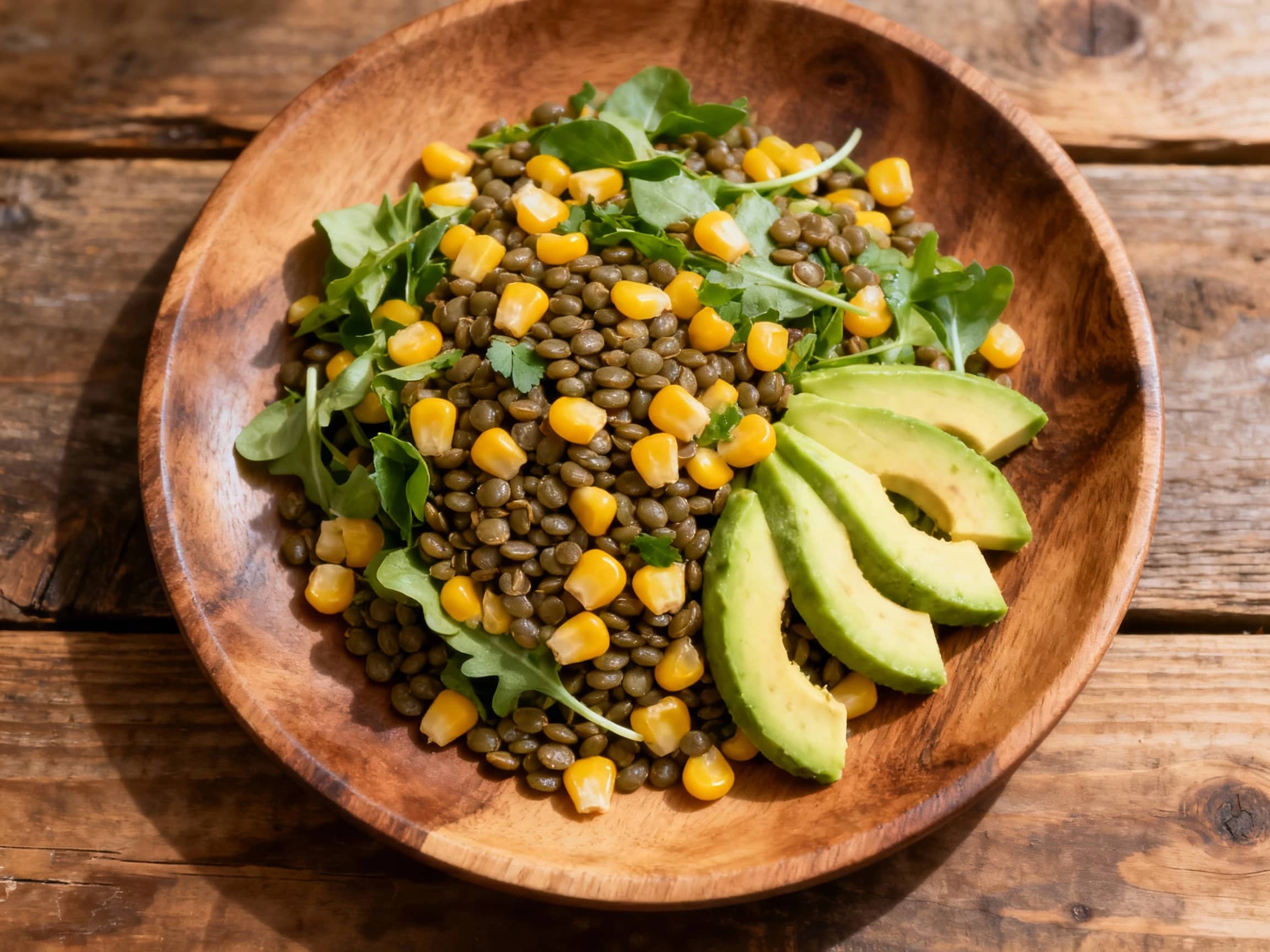 A vibrant lentil, avocado, and corn salad is beautifully plated in a white bowl, garnished with fresh cilantro and a drizzle of dressing, looking light and healthy.