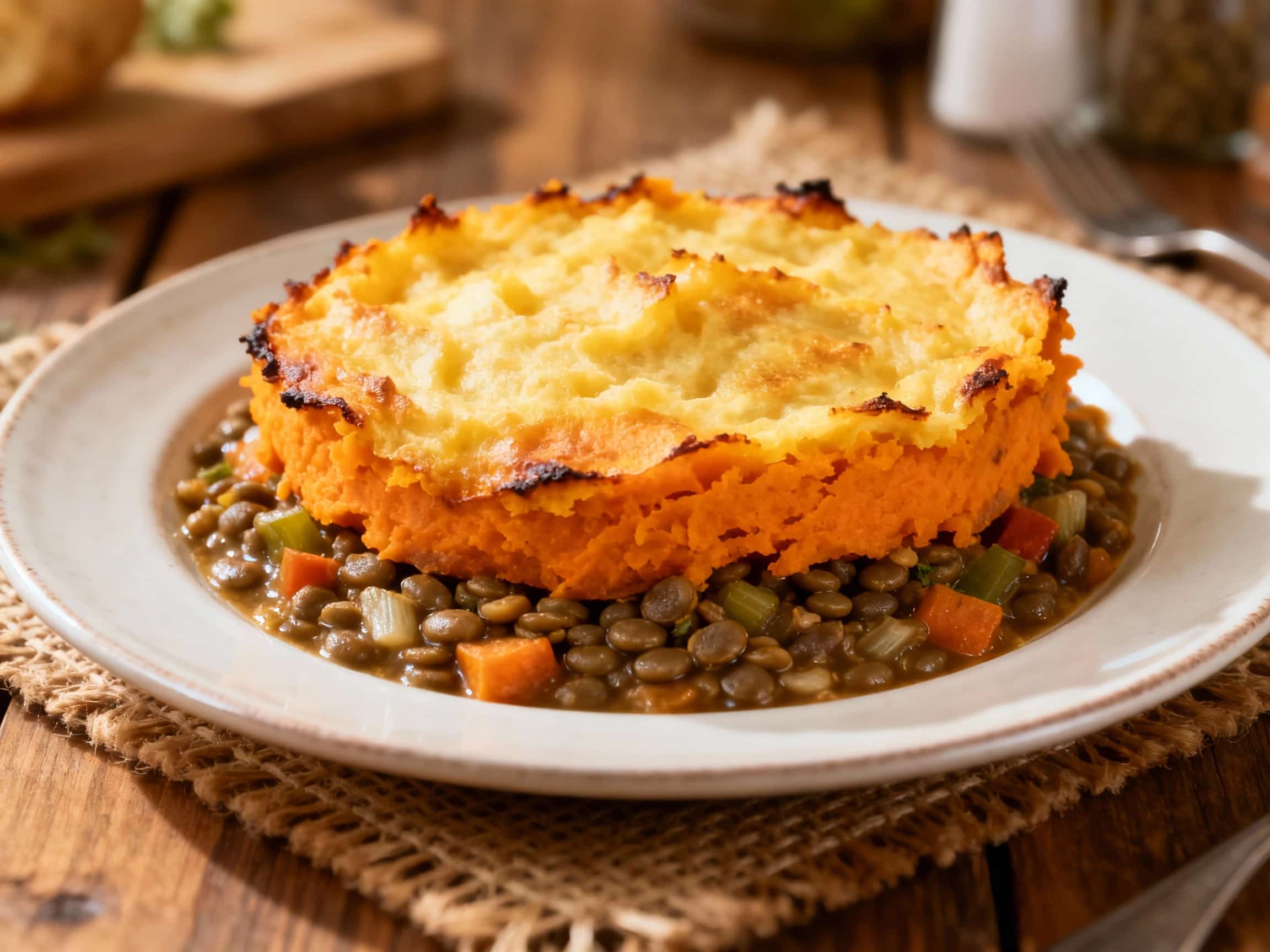A golden-brown sweet potato topping covers a savory lentil filling in this comforting shepherd's pie, ready to be served.