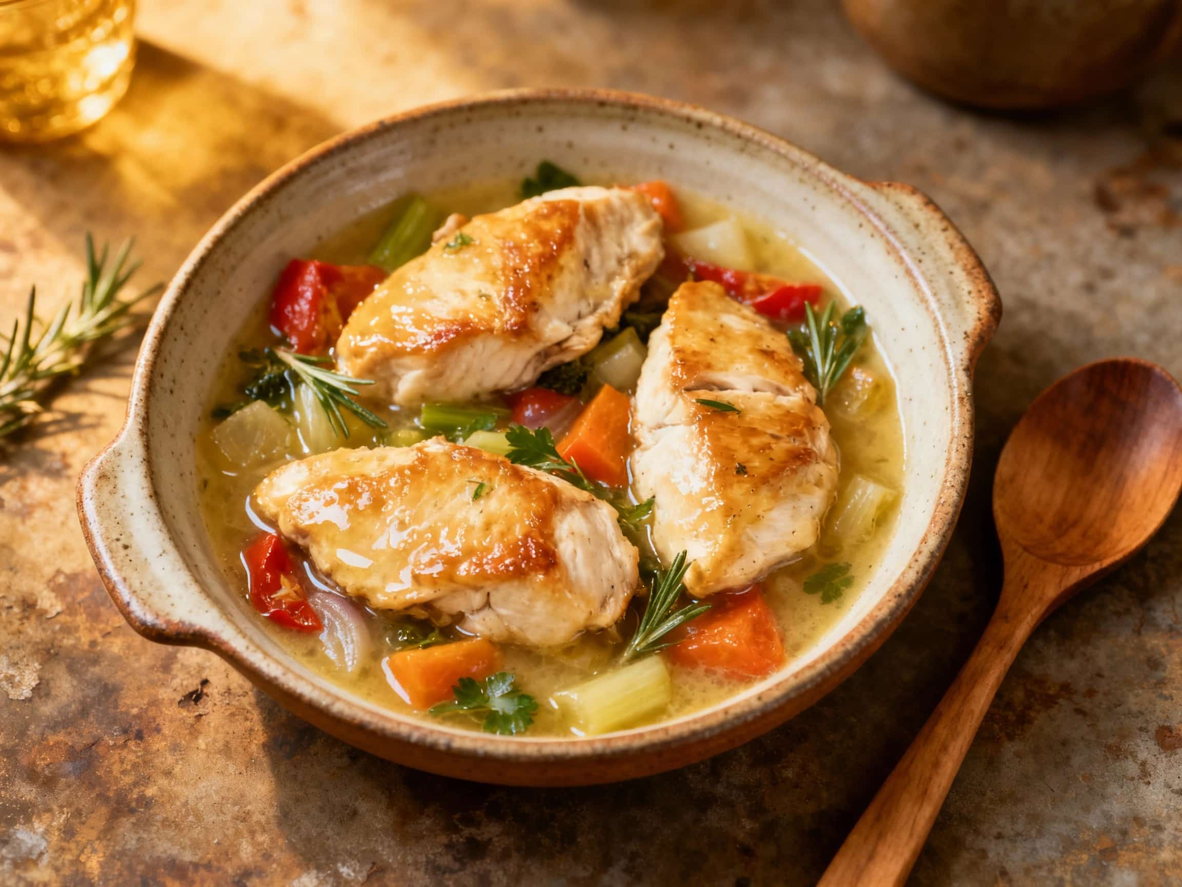 A vibrant, steaming bowl of green witch's brew soup, topped with tender shredded chicken and fresh parsley, glows invitingly under warm kitchen lights.