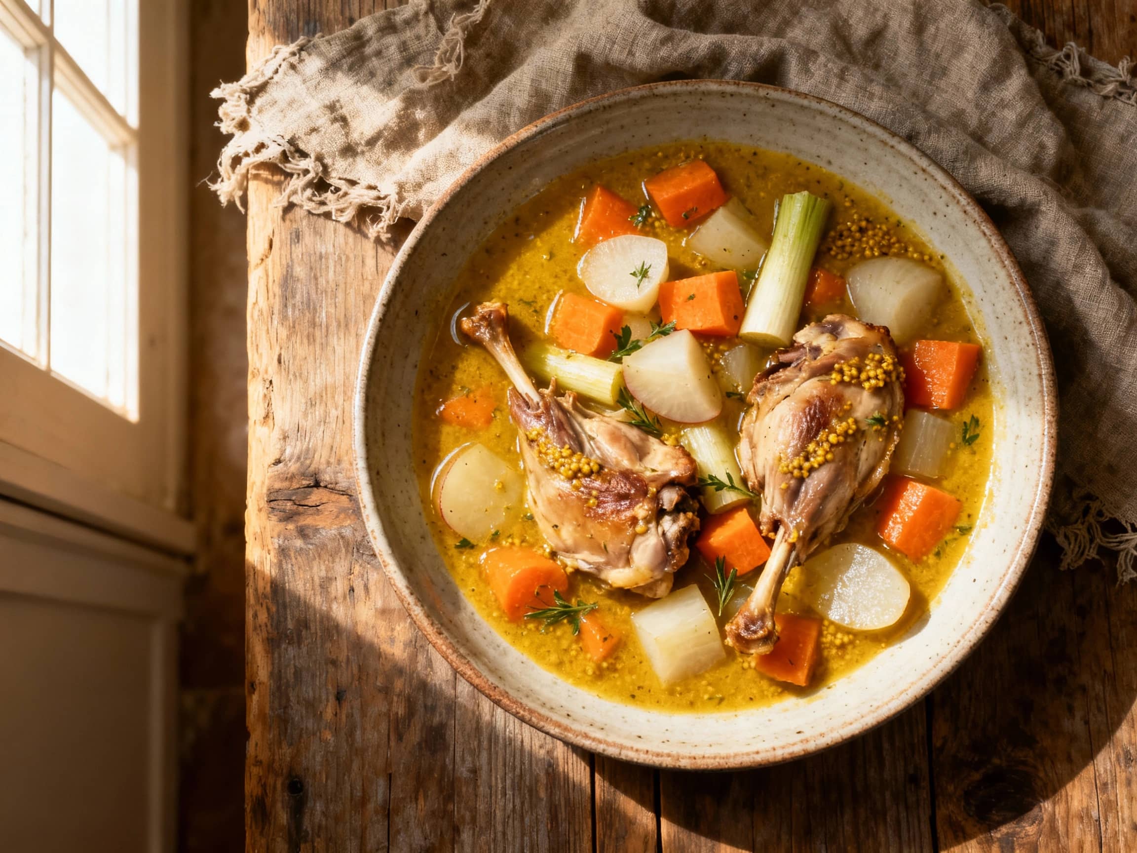 A rustic clay pot overflows with a hearty, golden Lighter Mustard Herb Rabbit Stew, featuring tender rabbit pieces simmered with vibrant carrots, parsnips, and earthy potatoes, garnished with fresh parsley.