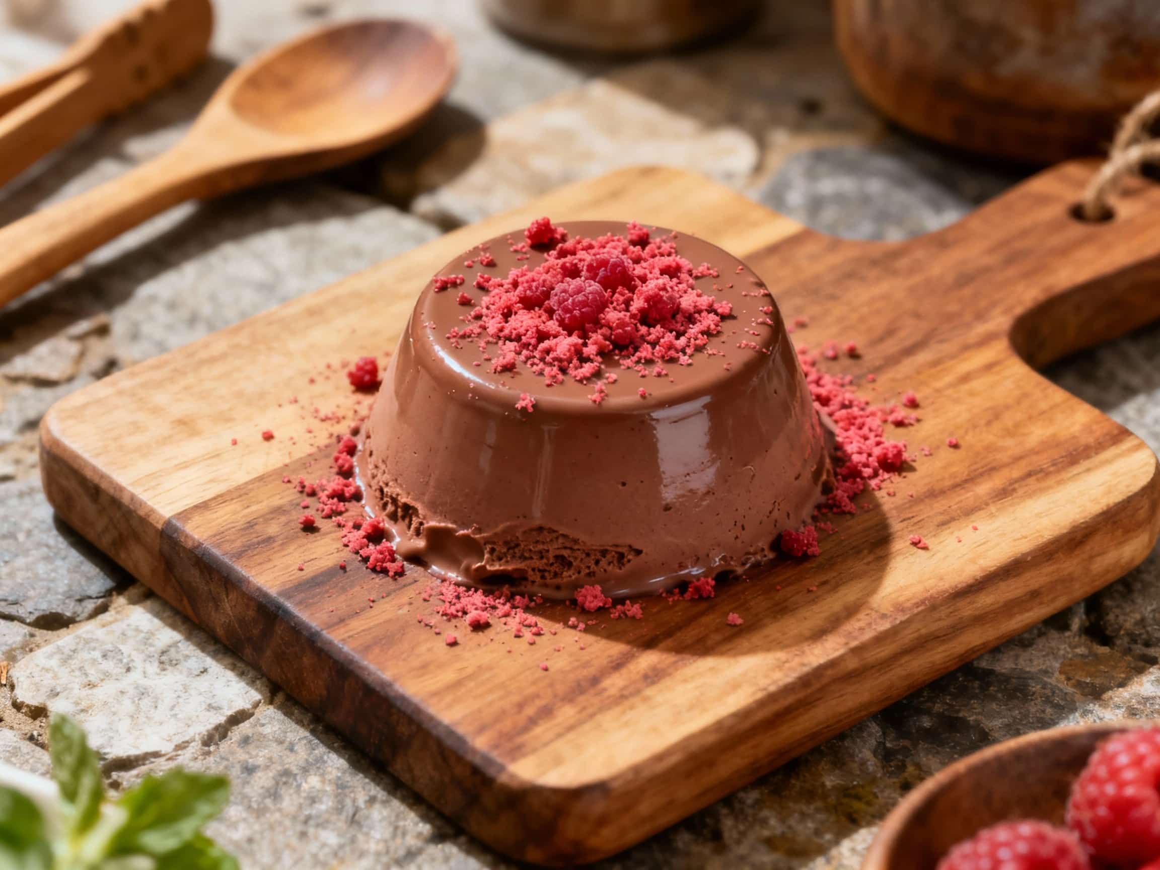 Swirls of rich, dark chocolate mousse are dramatically frozen with liquid nitrogen, creating a dramatic, snowy effect, dusted with vibrant red raspberry powder.