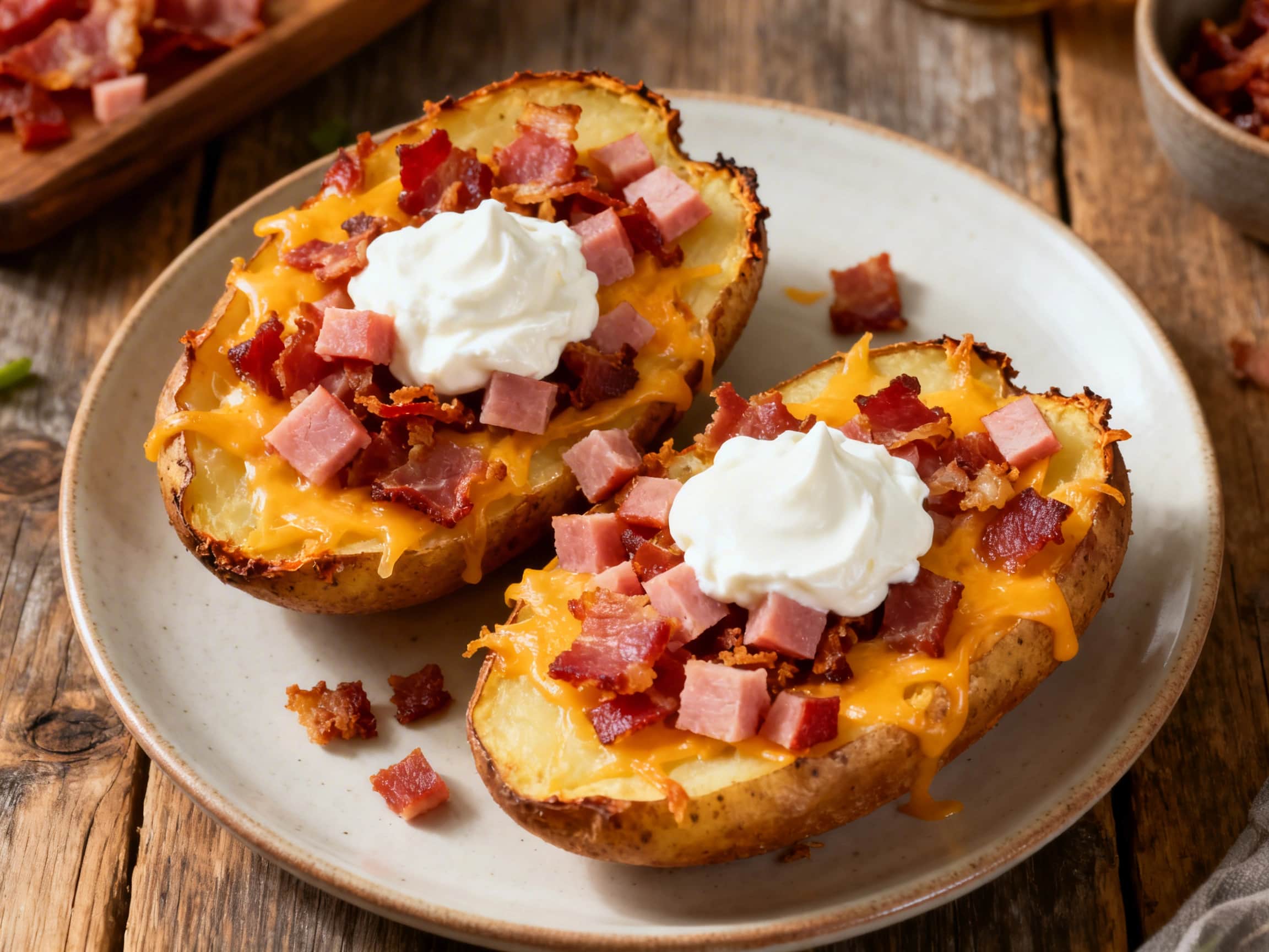 An overhead view of six rustic golden-brown potato skins, artfully arranged on a wooden serving board. Each skin is generously stuffed with melted bright orange cheddar cheese, speckled with crispy crumbled bacon and small cubes of pink ham. A dollop of creamy white sour cream sits atop the filling, garnished with vibrant green chopped chives. The edges of the potato skins are visibly crispy and s