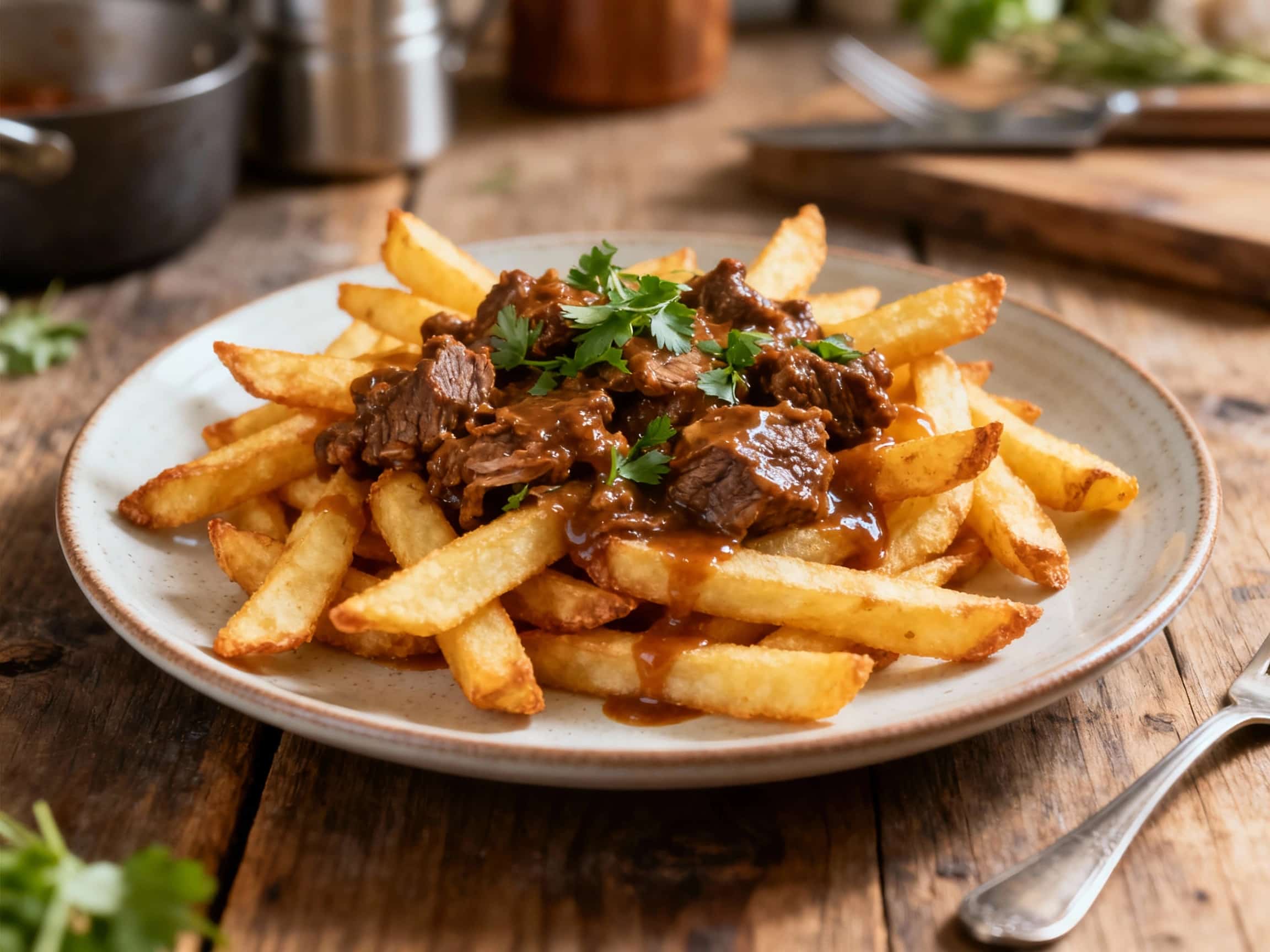 Golden, crispy Belgian frites are generously topped with rich, dark beef stoofvlees, a savory stew, and finished with a sprinkle of fresh green parsley.