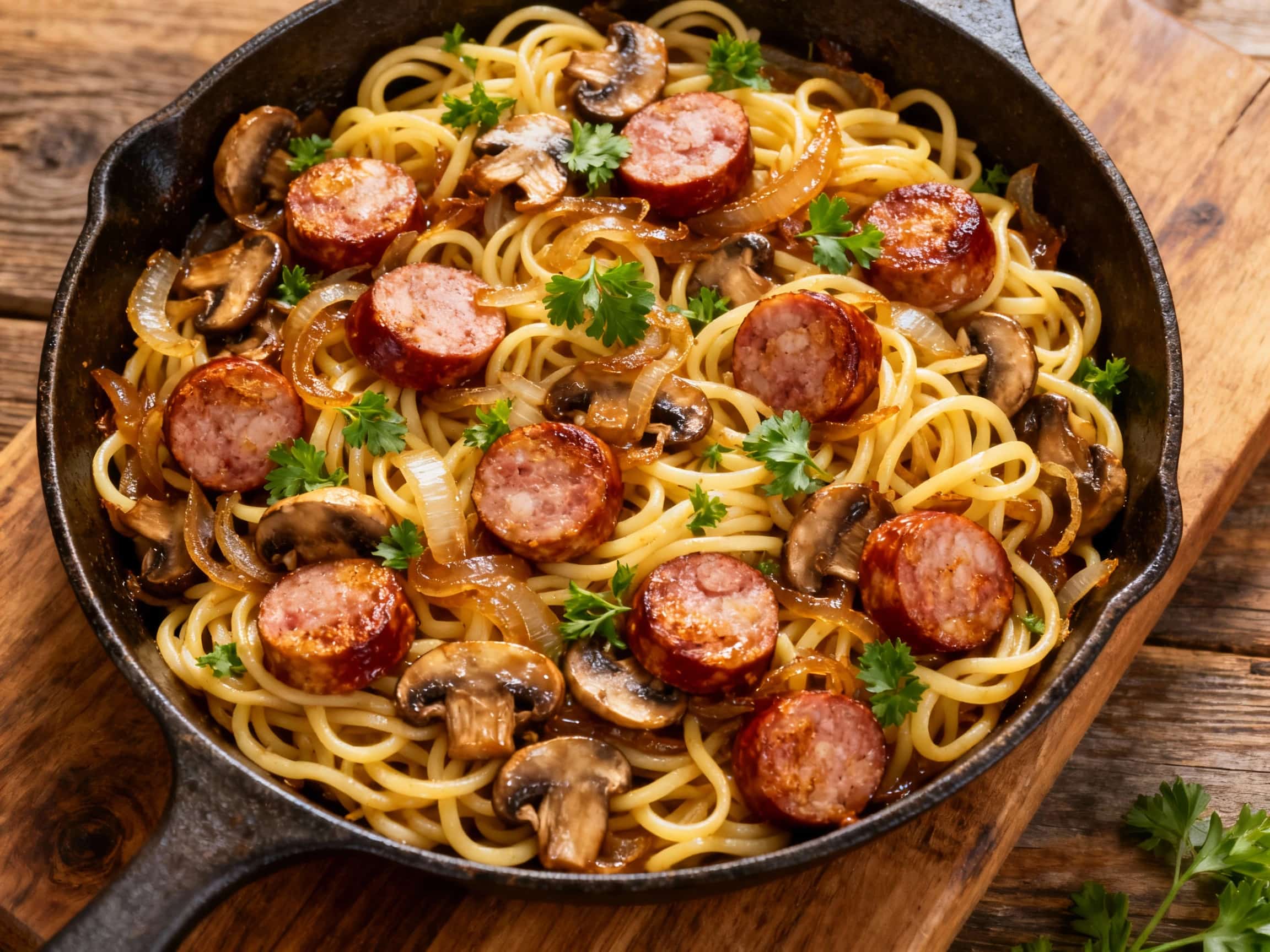 A hearty German Bratwurst Noodle Skillet, presented in a rustic cast-iron pan. The skillet is filled with thick slices of perfectly cooked bratwurst, intertwined with wide egg noodles, colorful bell pepper strips (red and yellow), and softened onions, all generously coated in a creamy, savory sauce. The dish is garnished with a vibrant sprinkle of fresh chopped parsley, adding a touch of freshness