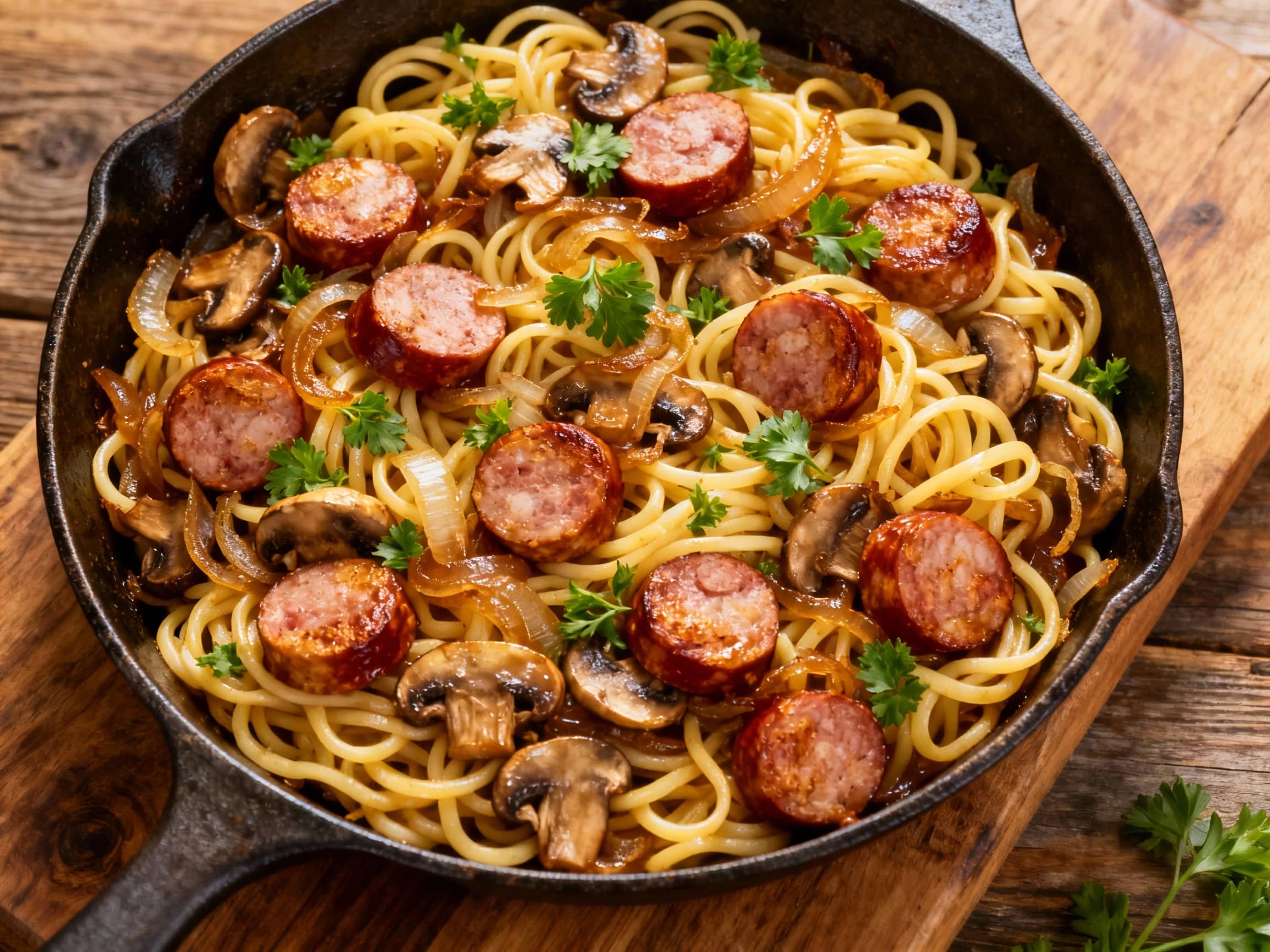 A hearty German Bratwurst Noodle Skillet, presented in a rustic cast-iron pan. The skillet is filled with thick slices of perfectly cooked bratwurst, intertwined with wide egg noodles, colorful bell pepper strips (red and yellow), and softened onions, all generously coated in a creamy, savory sauce. The dish is garnished with a vibrant sprinkle of fresh chopped parsley, adding a touch of freshness