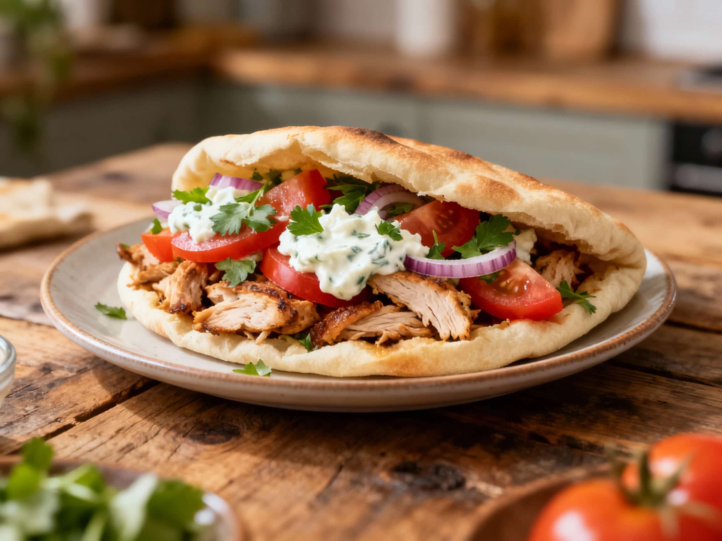 Warm pita pockets overflow with seasoned gyro chicken, fresh lettuce, tomatoes, and tzatziki sauce, creating a colorful and inviting handheld meal.