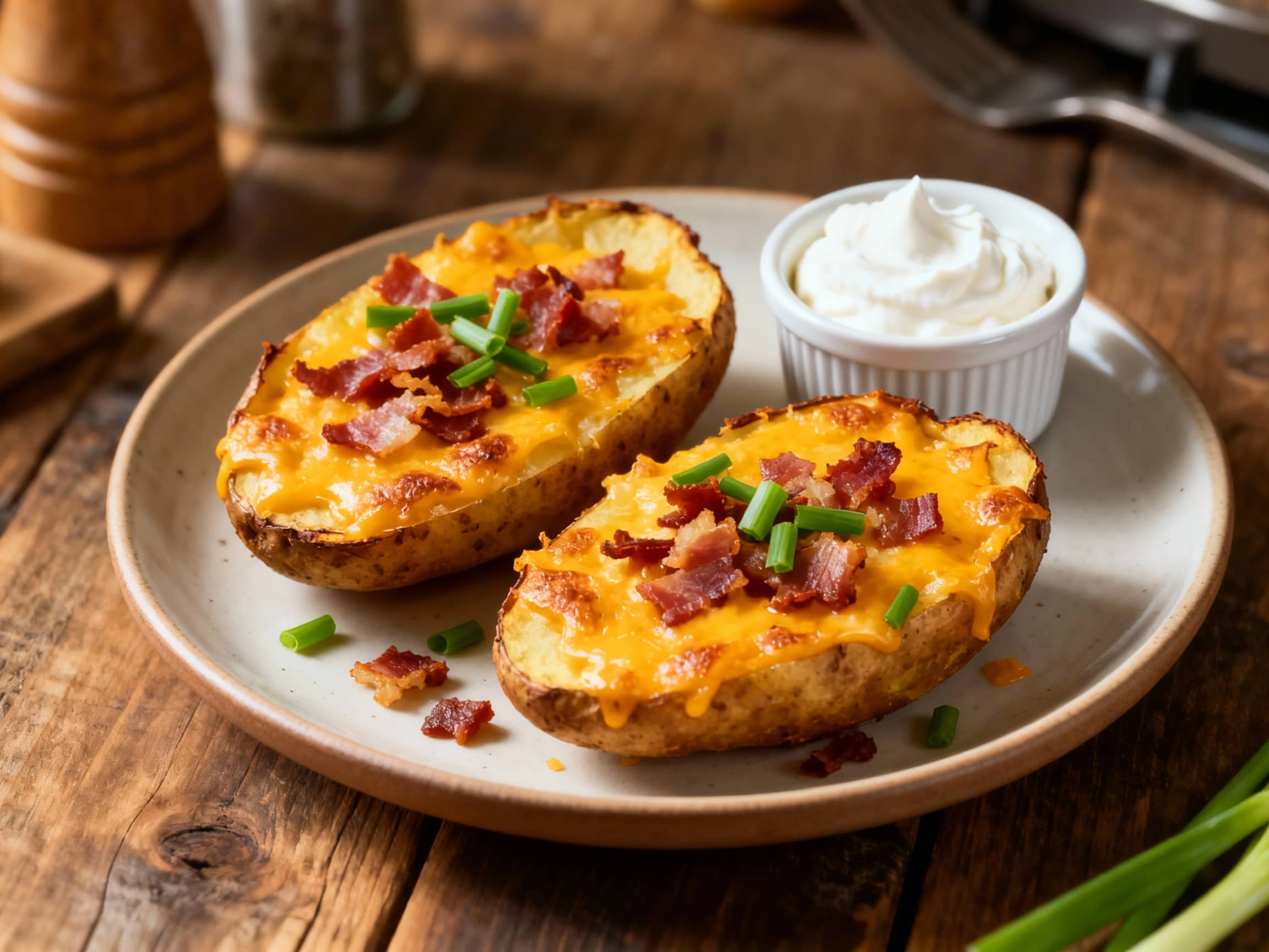 A close-up of golden brown, crispy loaded potato skins, artfully arranged and overflowing with melted cheddar cheese, crumbled bacon, and a dollop of sour cream, garnished with fresh green chives. The dish is presented on a rustic dark serving board, evoking warmth and comfort, ready to be enjoyed as a hearty side or appetizer. The textures are visibly rich, from the crunchy potato skins to the cr