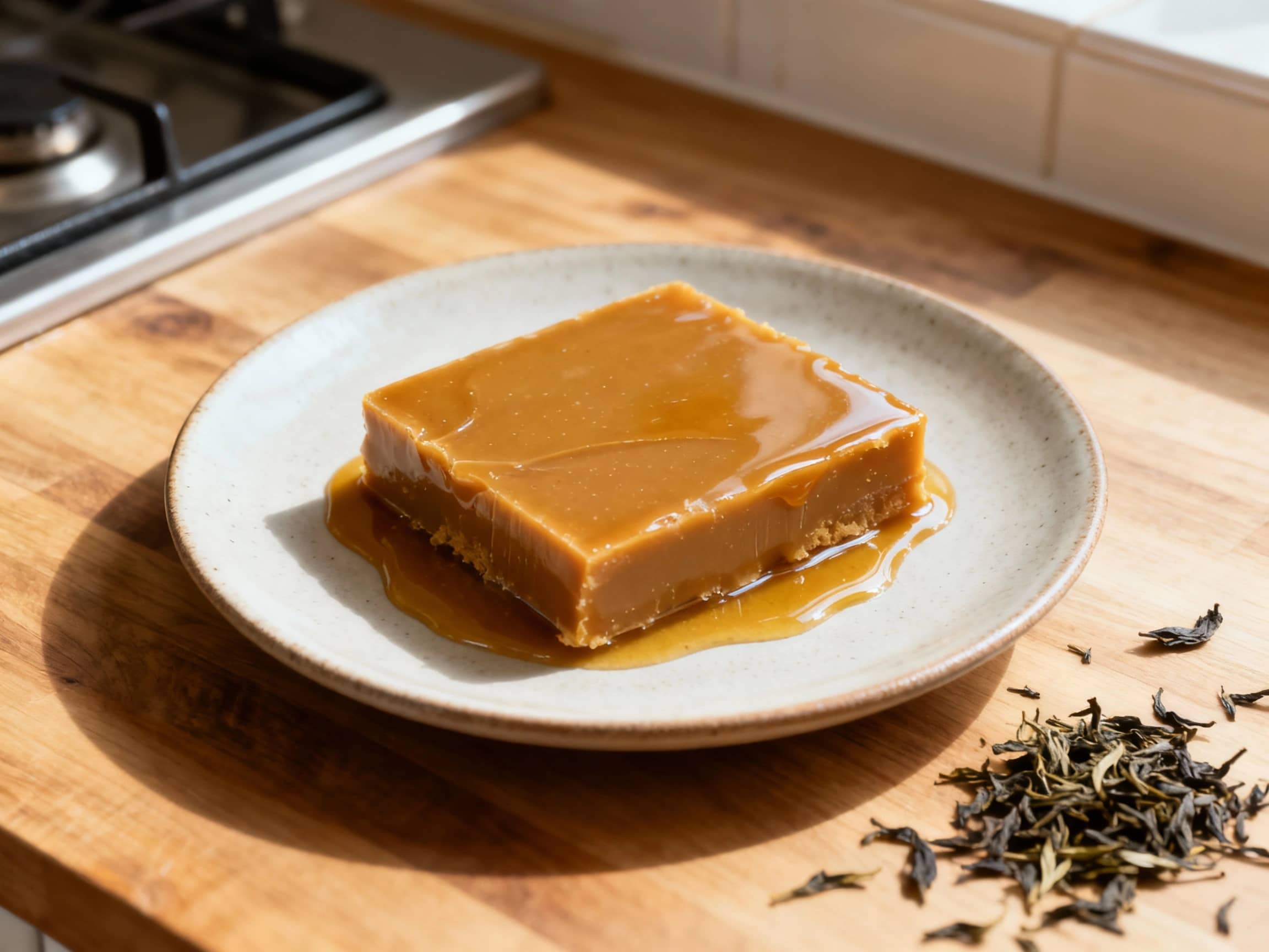 Warm, golden-brown slabs of toffee, flecked with dark bits, rest invitingly on a white plate, hinting at a rich, comforting Earl Grey flavor.