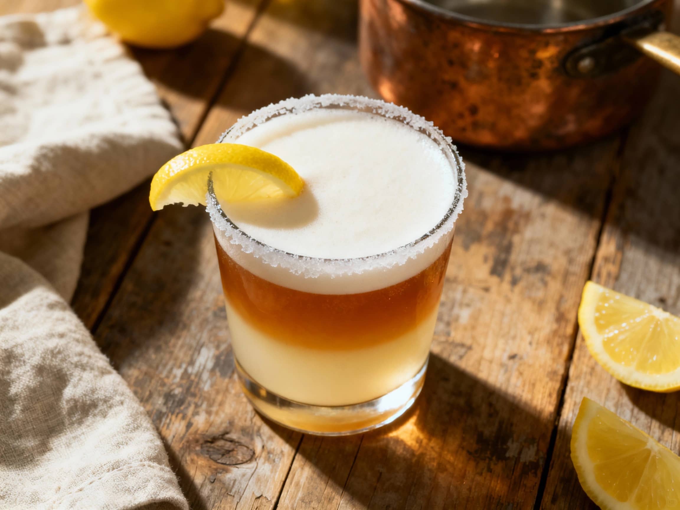 A festive whiskey sour cocktail sits in an elegant coupe glass, its frothy top dusted with nutmeg and served with a lemon twist for a cozy, inviting feel.
