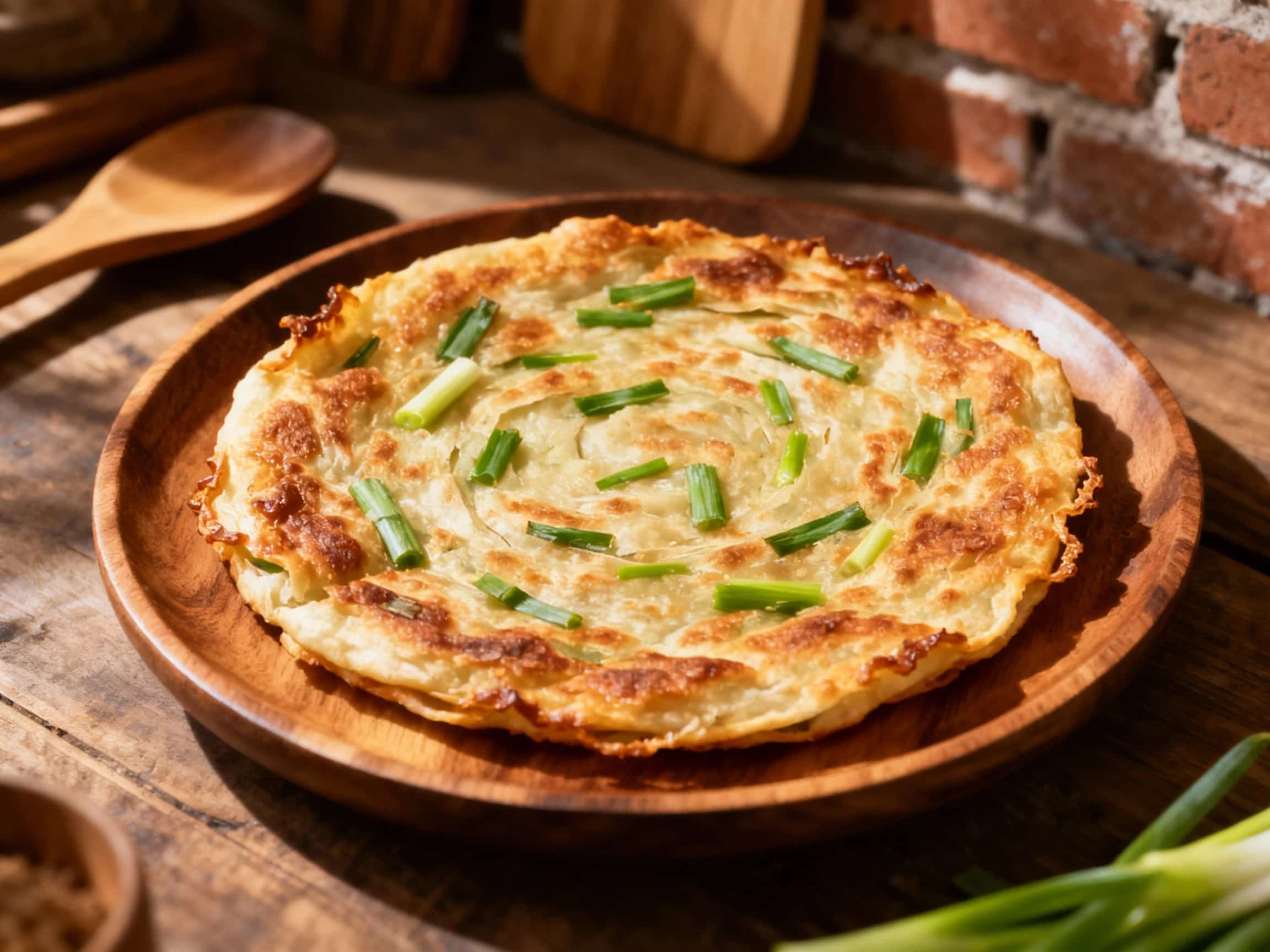 Crispy, golden-brown scallion pancakes with beautifully browned edges are arranged invitingly on a patterned ceramic plate, ready to be enjoyed.