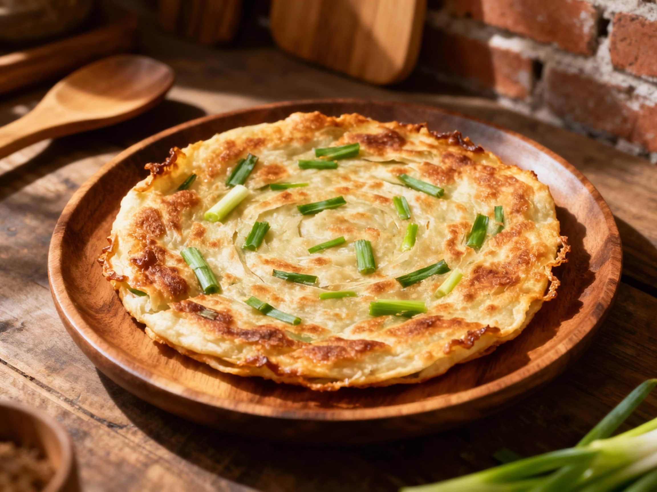 Crispy, golden-brown scallion pancakes with beautifully browned edges are arranged invitingly on a patterned ceramic plate, ready to be enjoyed.