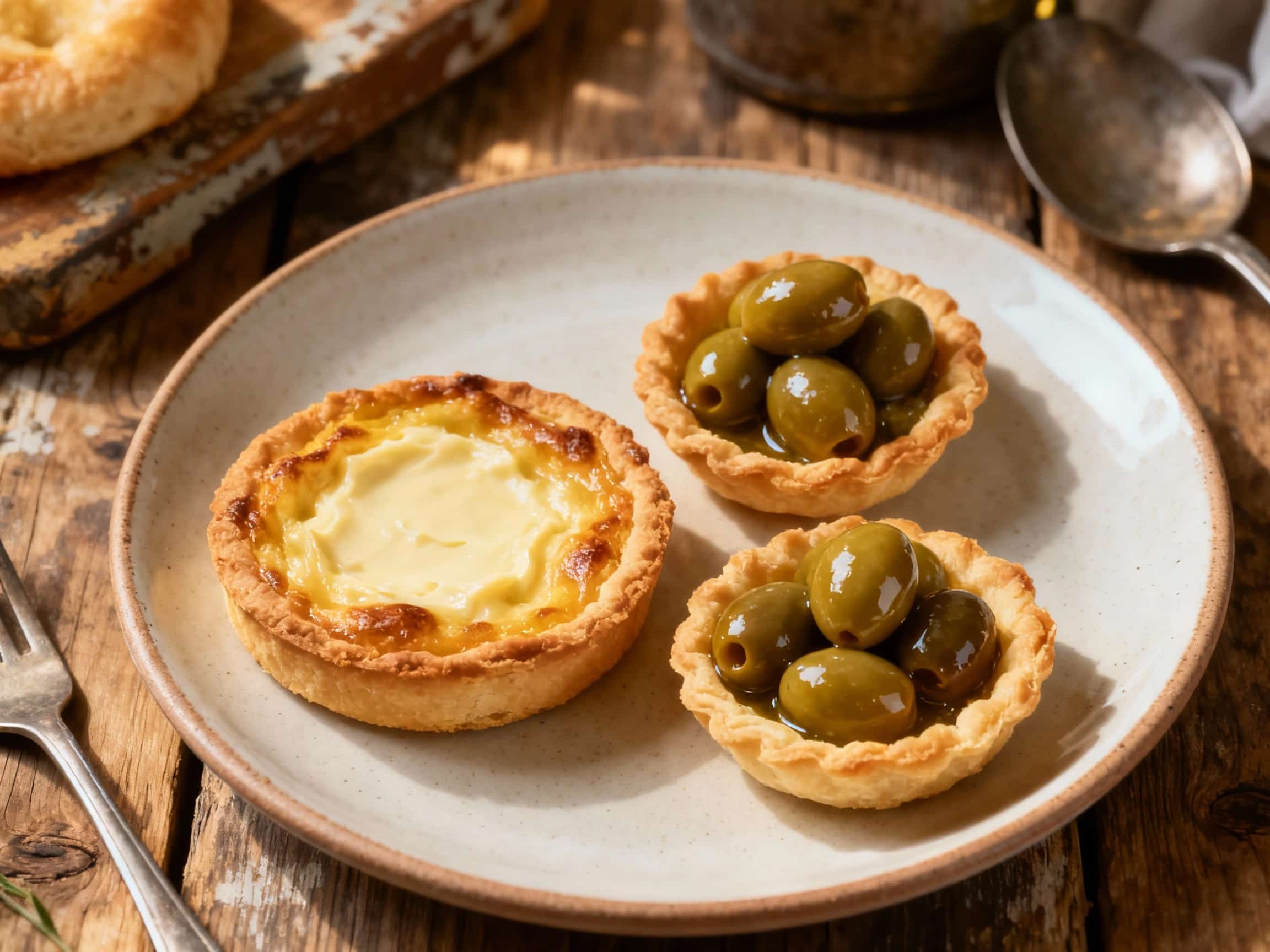 Golden-brown tartlets filled with Maltese cheese and olives sit on a rustic wooden board, sprinkled with fresh black pepper and garnished with a tiny sprig of rosemary.